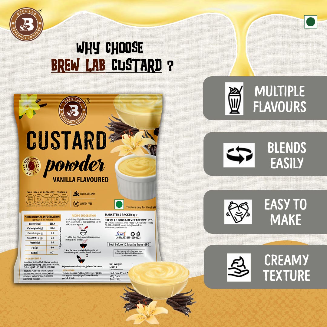 Brew Lab Vanilla Flavor Custard Powder | For Fruit Salad, Pudding, Milkshake & Desserts - 100 g