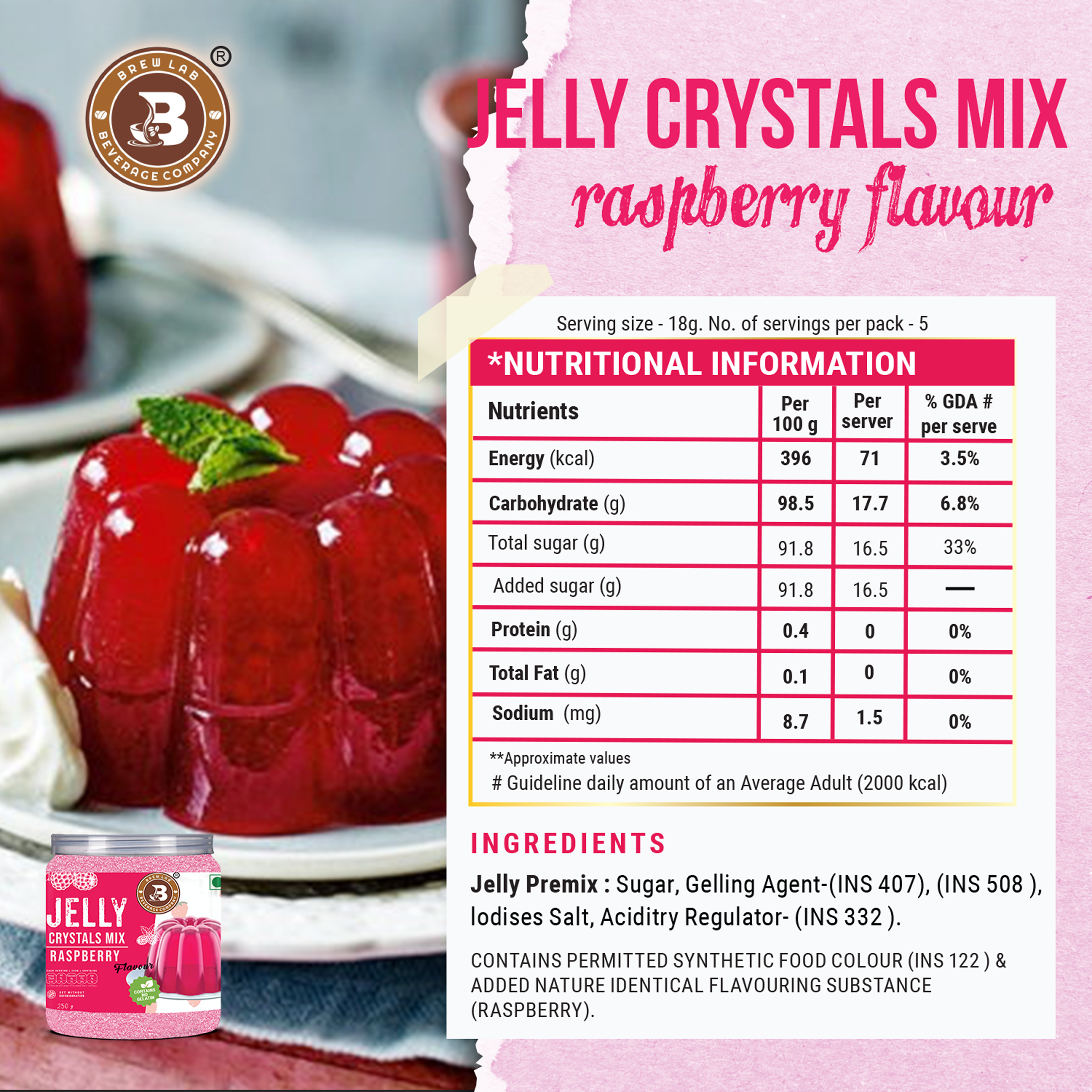 Brew Lab Jelly Crystals Mix Powder For Making Jelly - Raspberry Flavor | Easy To Make | Ready To Eat | No Gelatin - 100 Gm