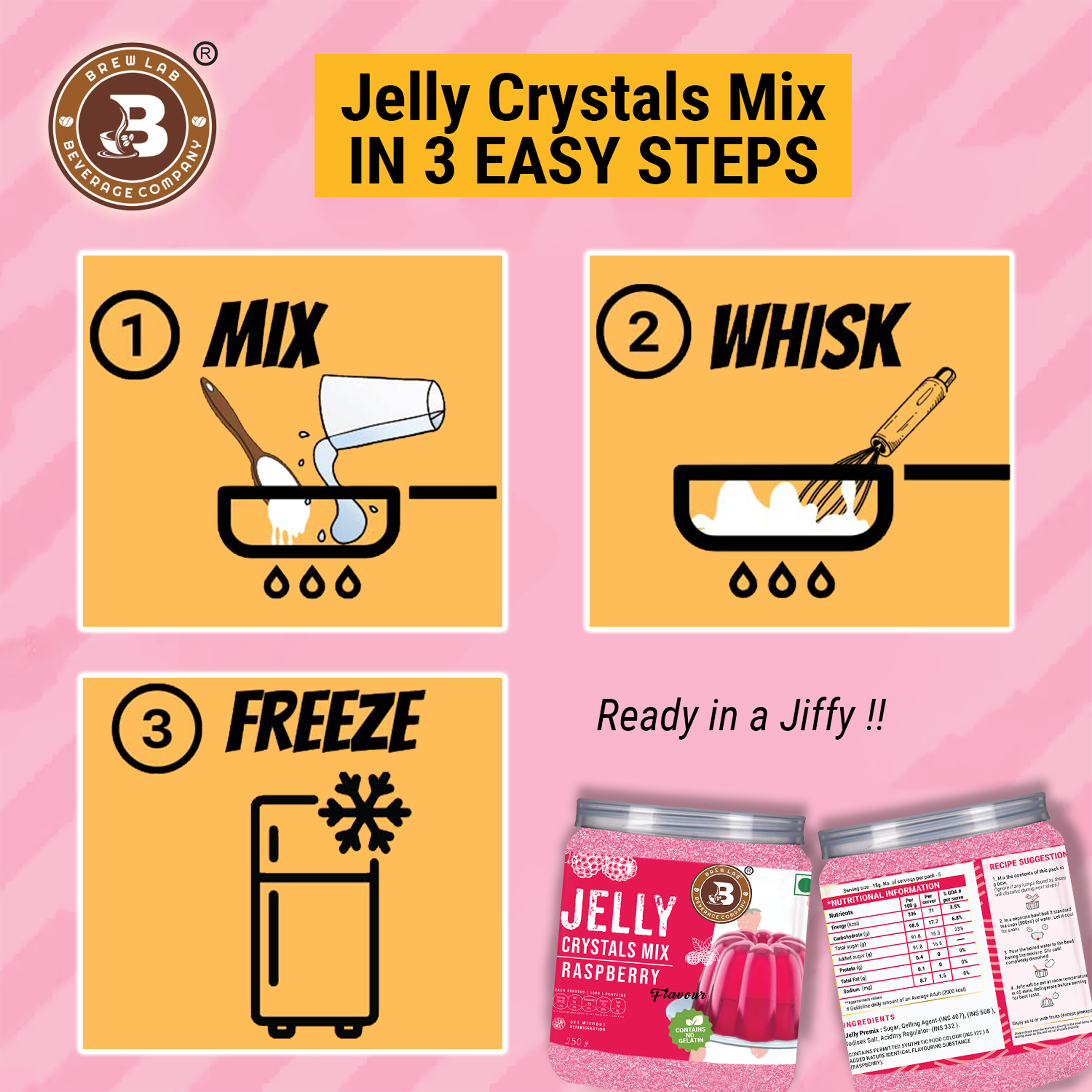Brew Lab Jelly Crystals Mix Powder For Making Jelly - Raspberry Flavor | Easy To Make | Ready To Eat | No Gelatin - 100 Gm