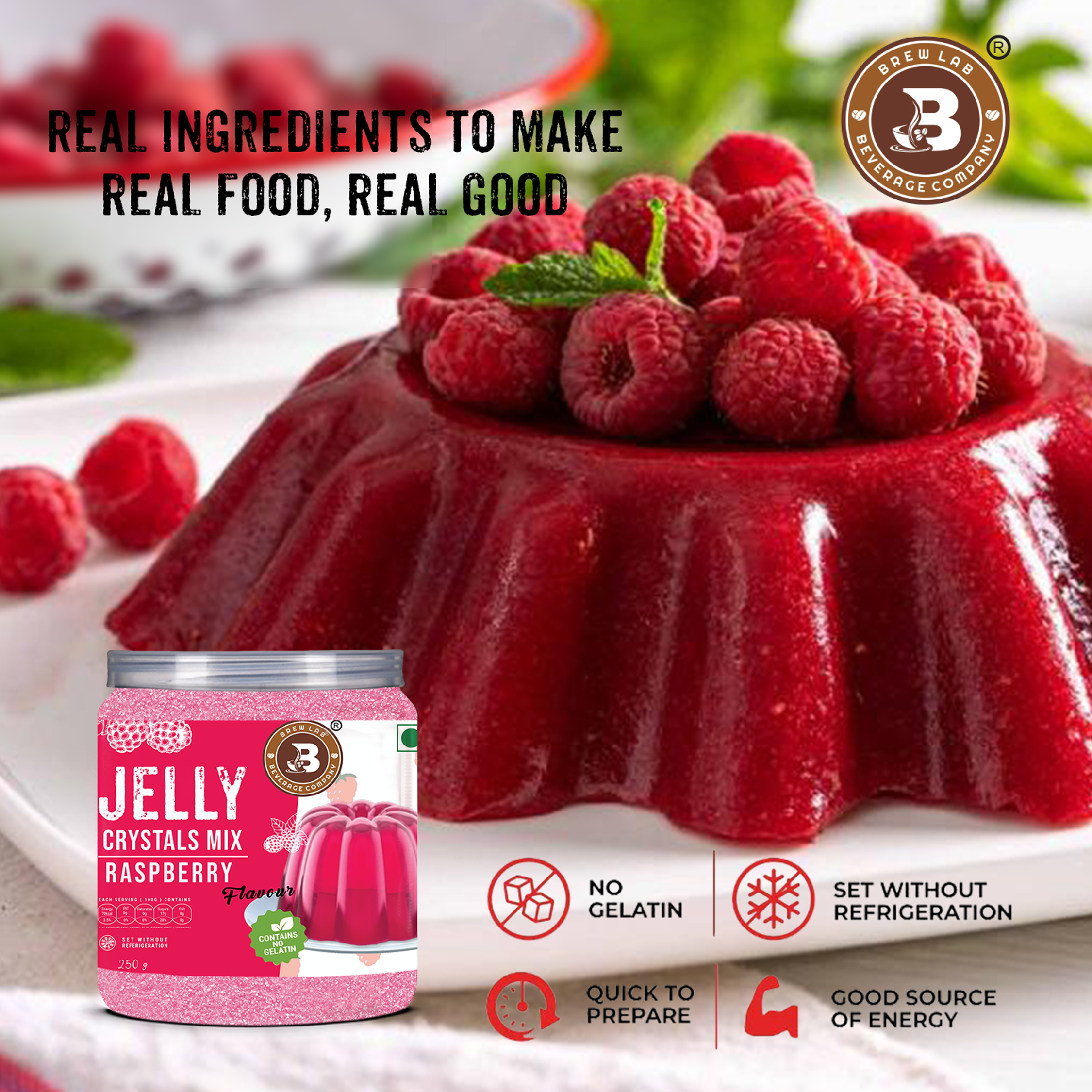 Brew Lab Jelly Crystals Mix Powder For Making Jelly - Raspberry Flavor | Easy To Make | Ready To Eat | No Gelatin - 100 Gm