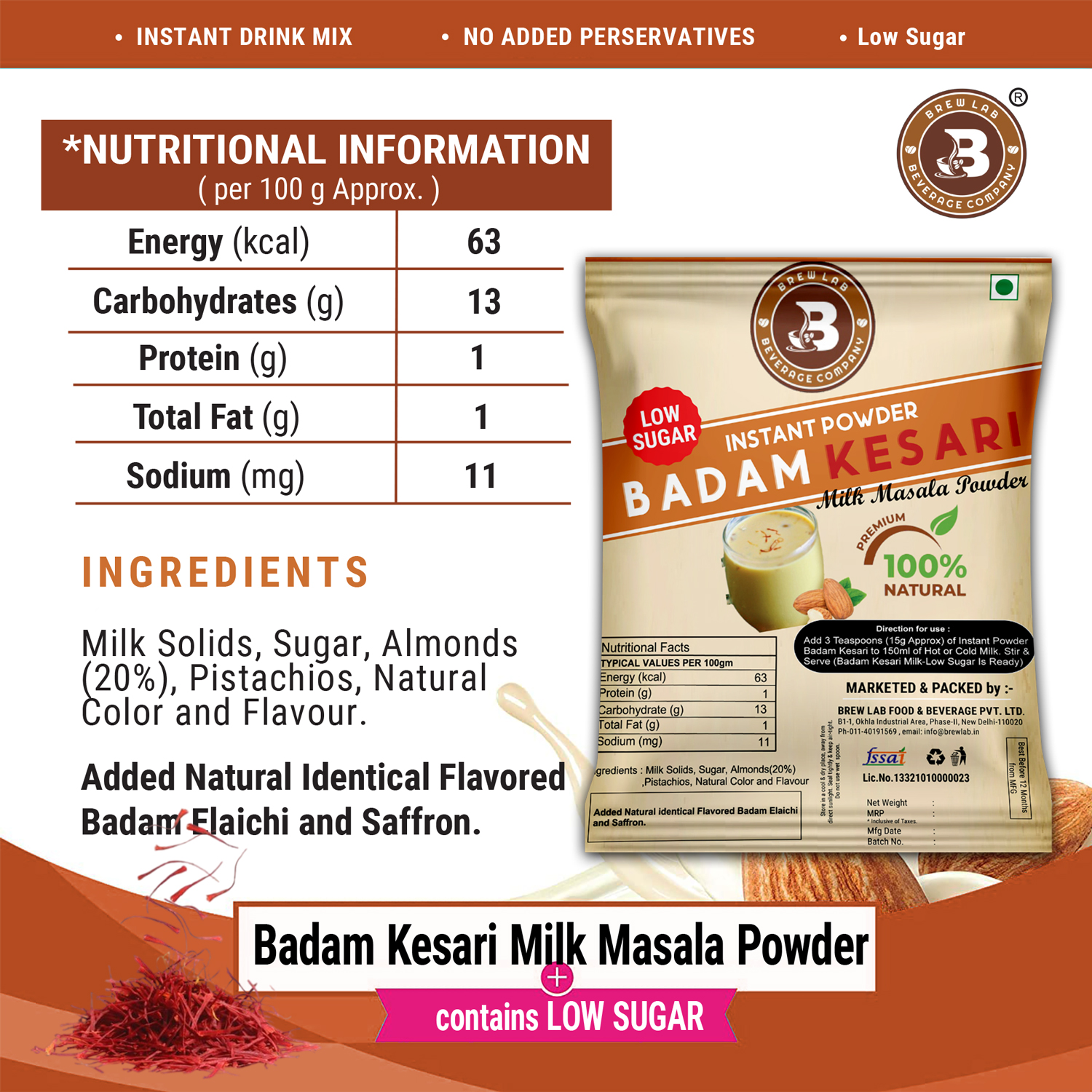 Brew Lab 100% Natural Badam Kesari Low Sugar Natural Taste & Flavor-250 g (250 g)