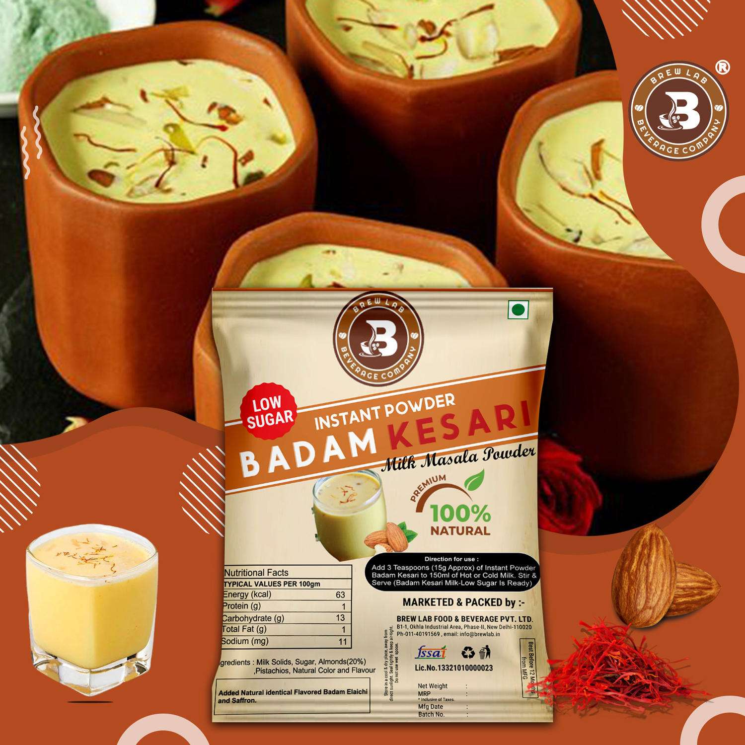 Brew Lab 100% Natural Badam Kesari Low Sugar Natural Taste & Flavor-250 g (250 g)