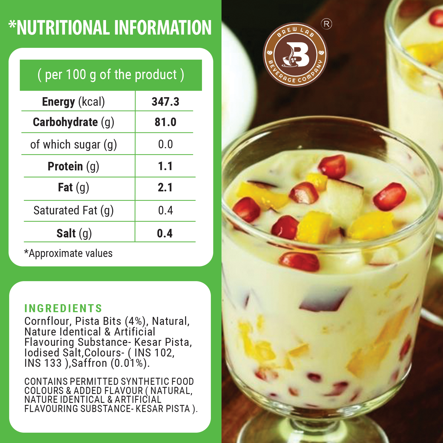 Brew Lab Kesar Pista Flavor Custard Powder | Rich, Creamy & Flavorful 100 g