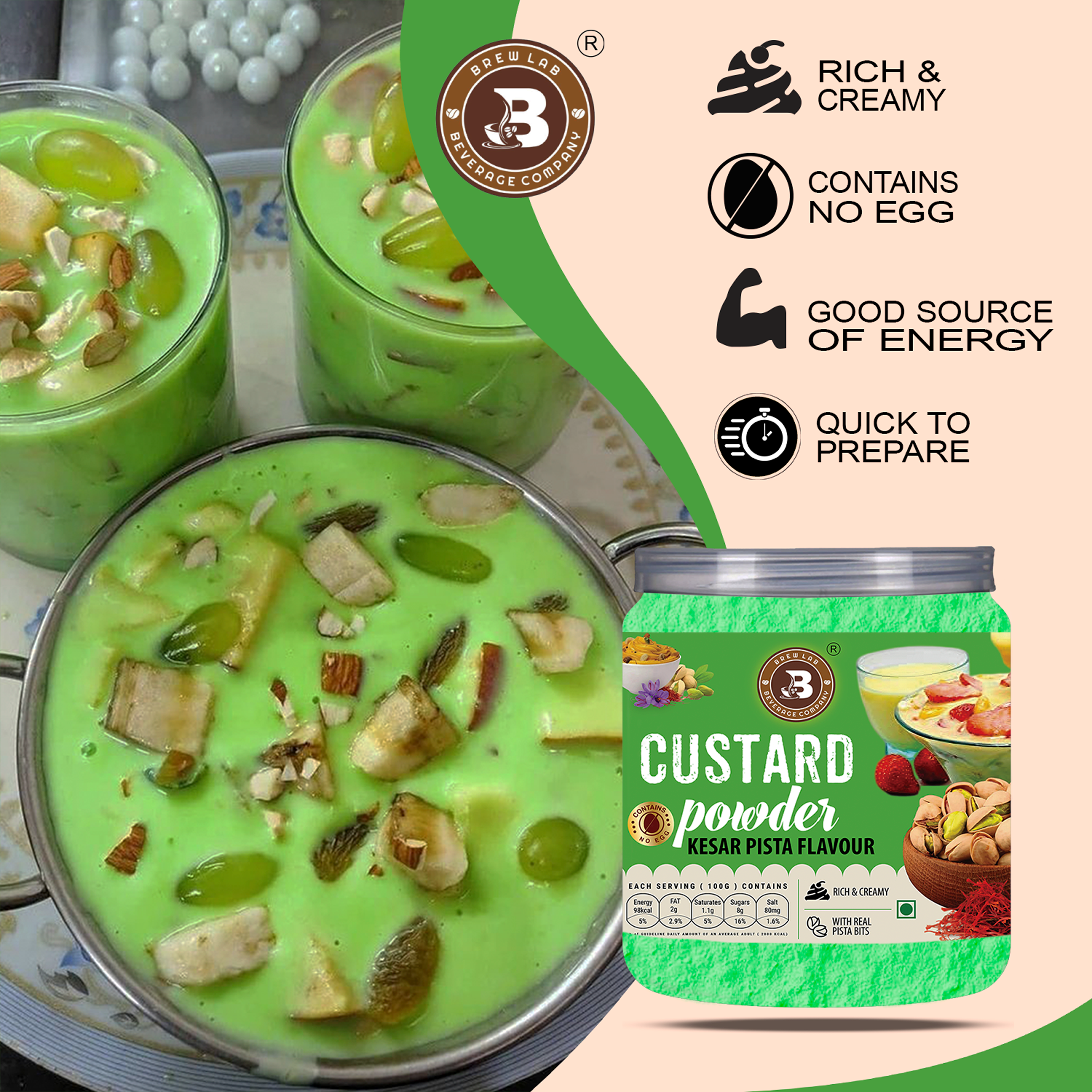 Brew Lab Kesar Pista Flavor Custard Powder | Rich, Creamy & Flavorful 100 g