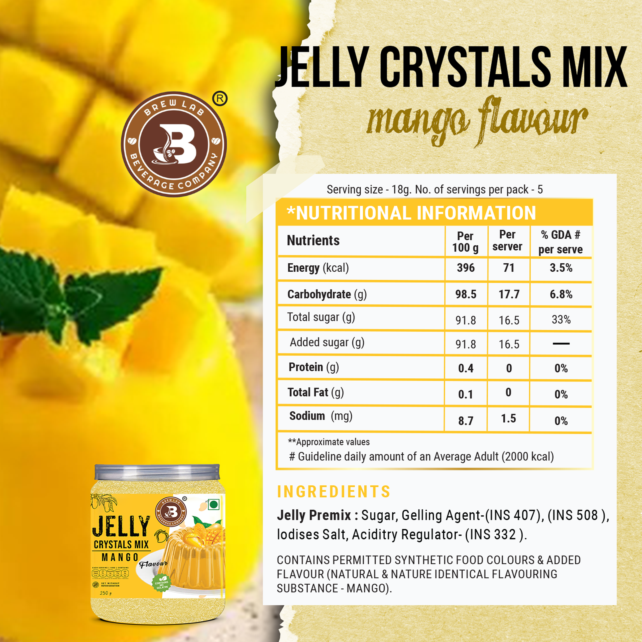 Brew Lab Jelly Crystals Mix Powder For Making Jelly - Mango Flavor | Easy To Make | Ready To Eat | No Gelatin - 100 Gm