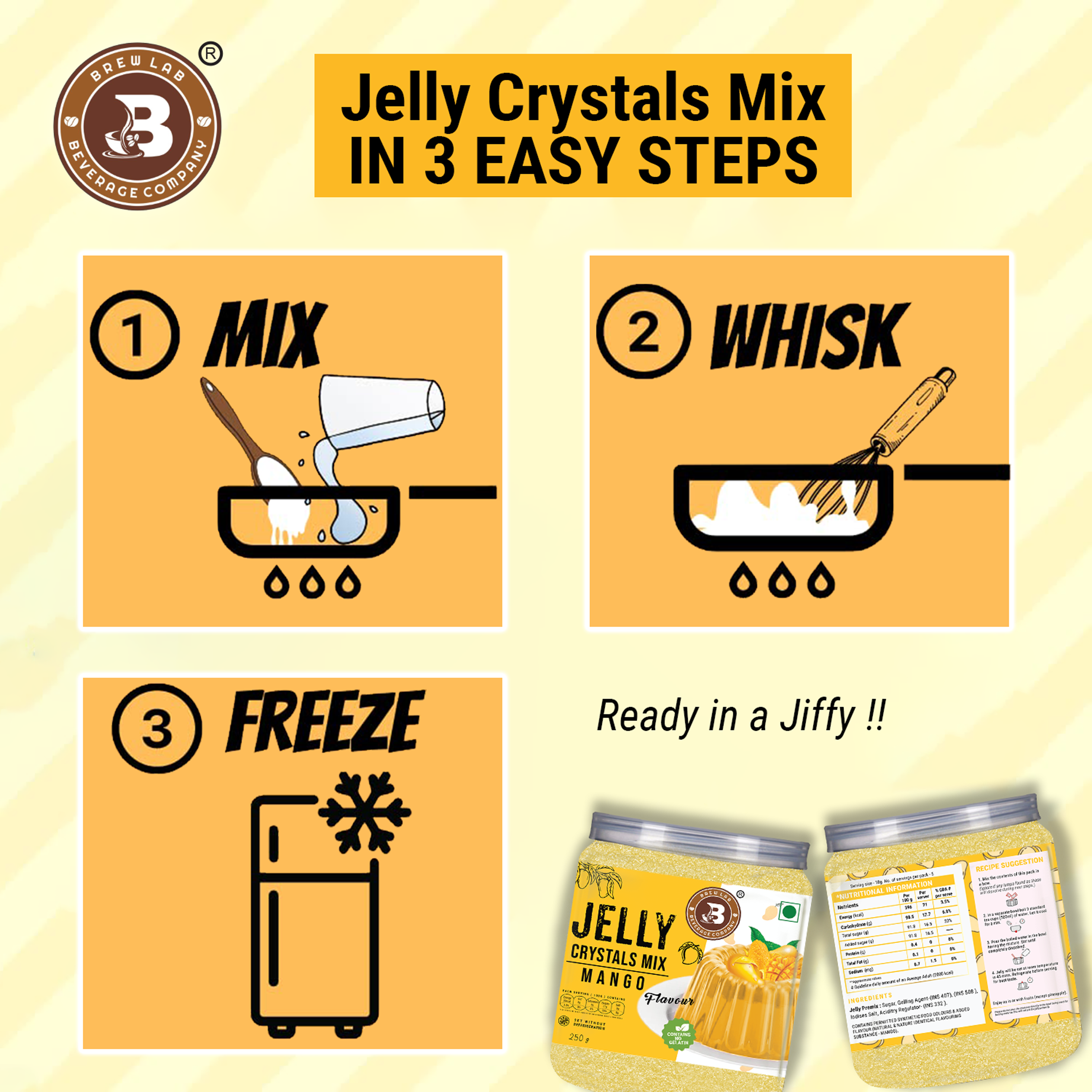 Brew Lab Jelly Crystals Mix Powder For Making Jelly - Mango Flavor | Easy To Make | Ready To Eat | No Gelatin - 100 Gm