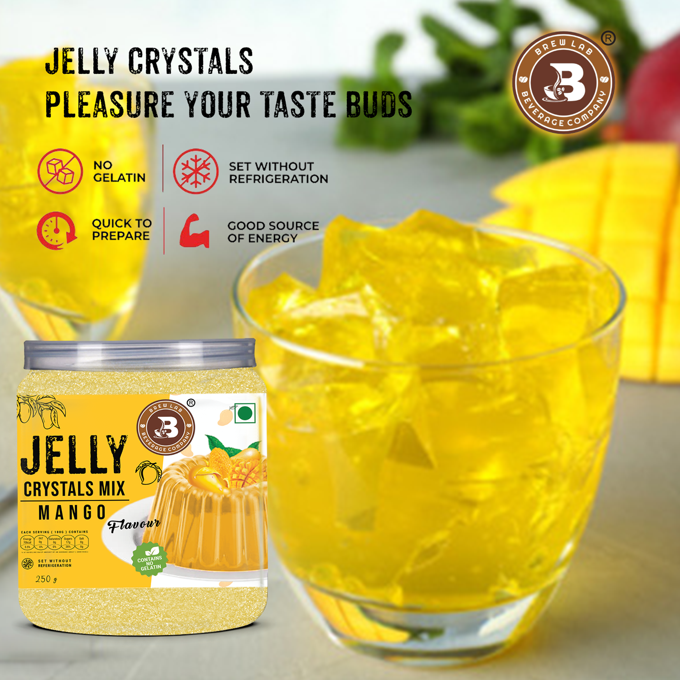 Brew Lab Jelly Crystals Mix Powder For Making Jelly - Mango Flavor | Easy To Make | Ready To Eat | No Gelatin - 100 Gm