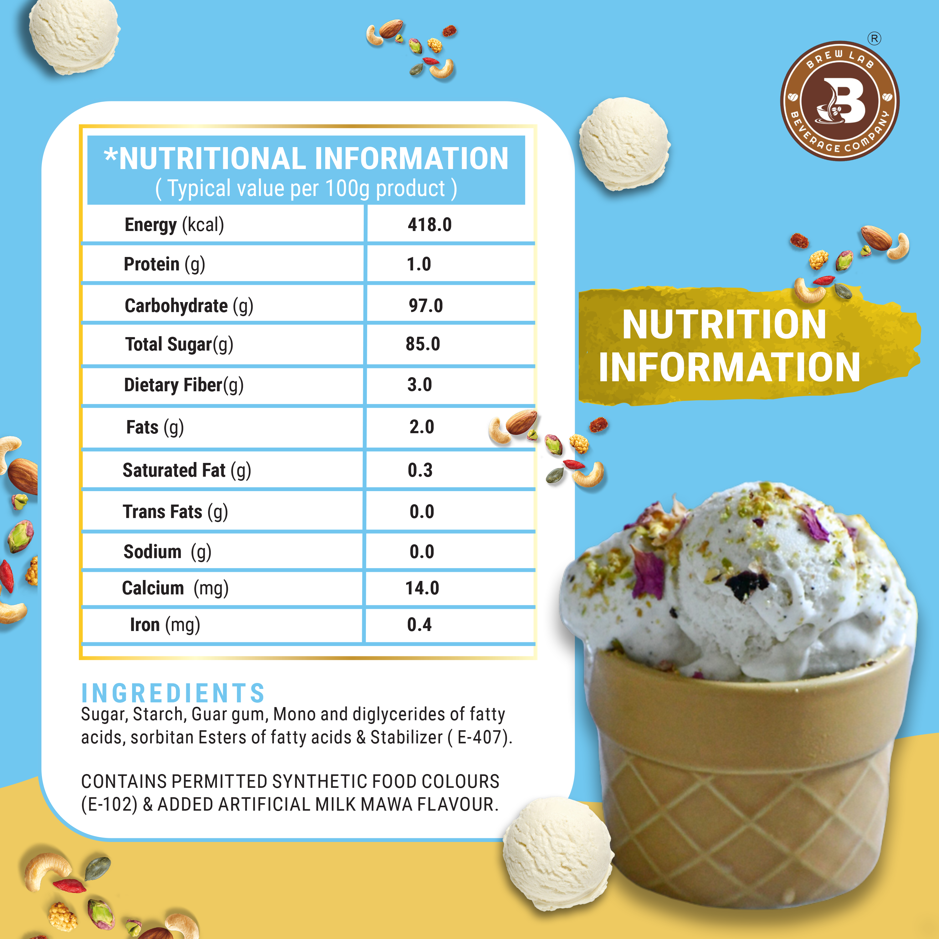 Brew Lab Instant Mawa Malai Freeze Ice cream Mix Powder | For Tasty & Delicious Ice Cream 100 g
