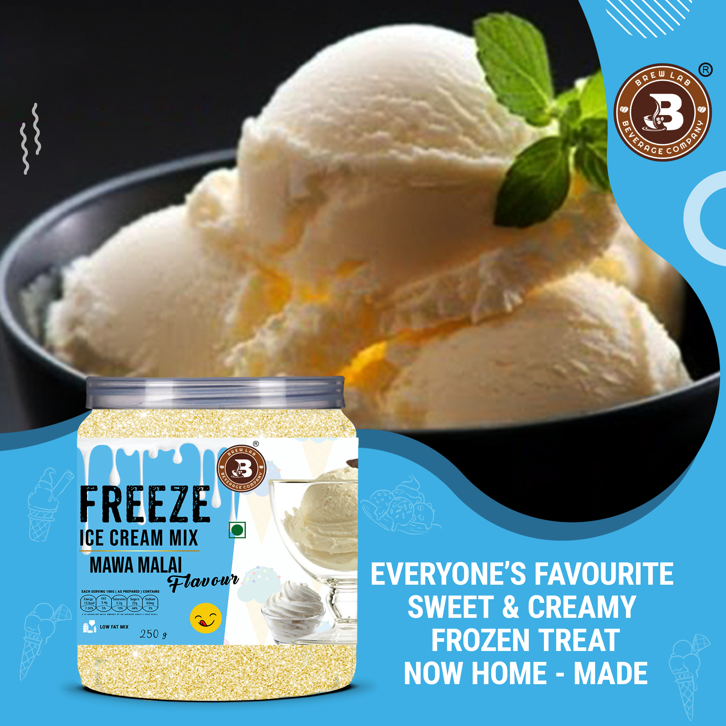 Brew Lab Instant Mawa Malai Freeze Ice cream Mix Powder | For Tasty & Delicious Ice Cream 100 g
