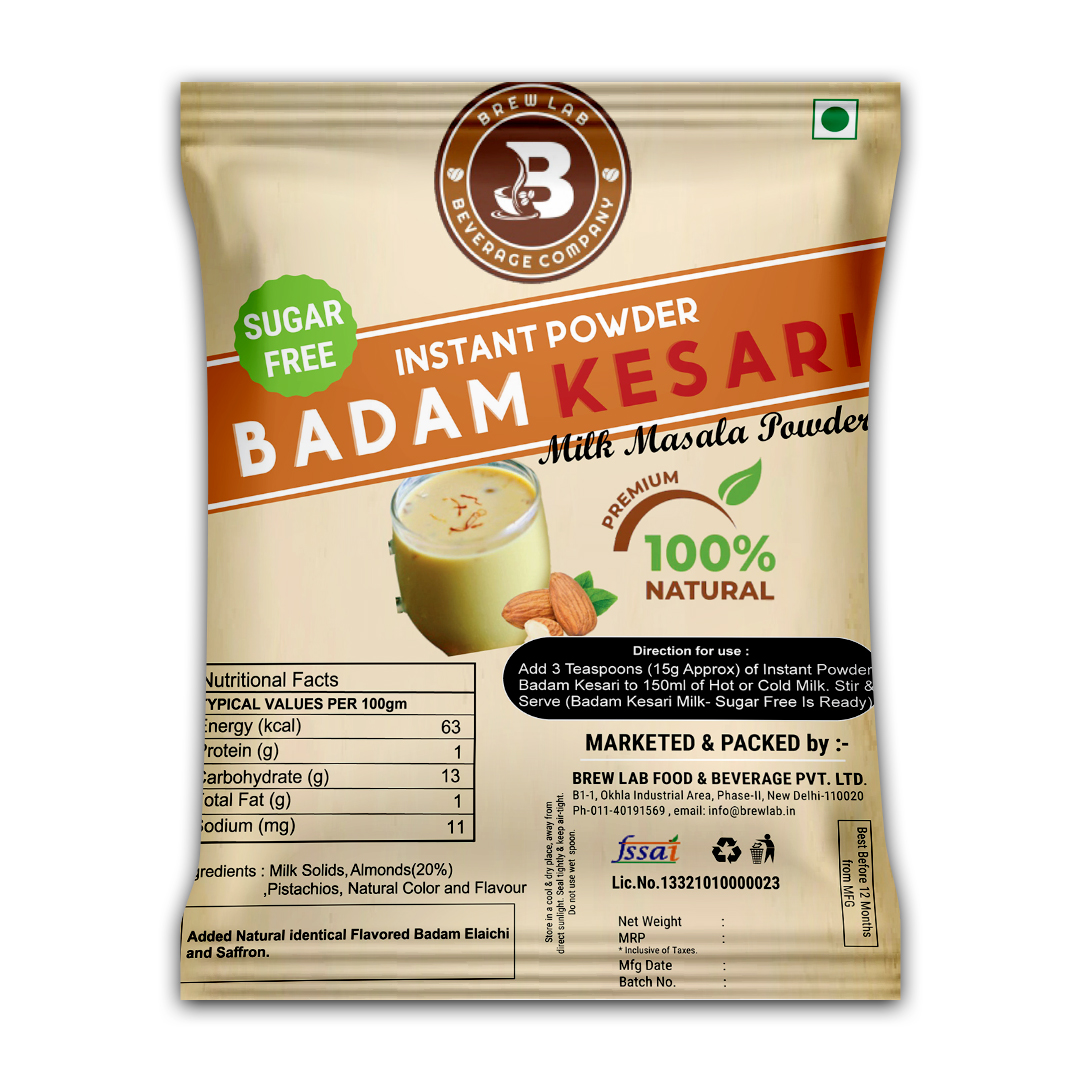 Brew Lab Badam Kesari No Sugar Milk Masala Powder | With Real Almonds & Kesar For Badam Milkshake Flavored Milk Powder (250 g)