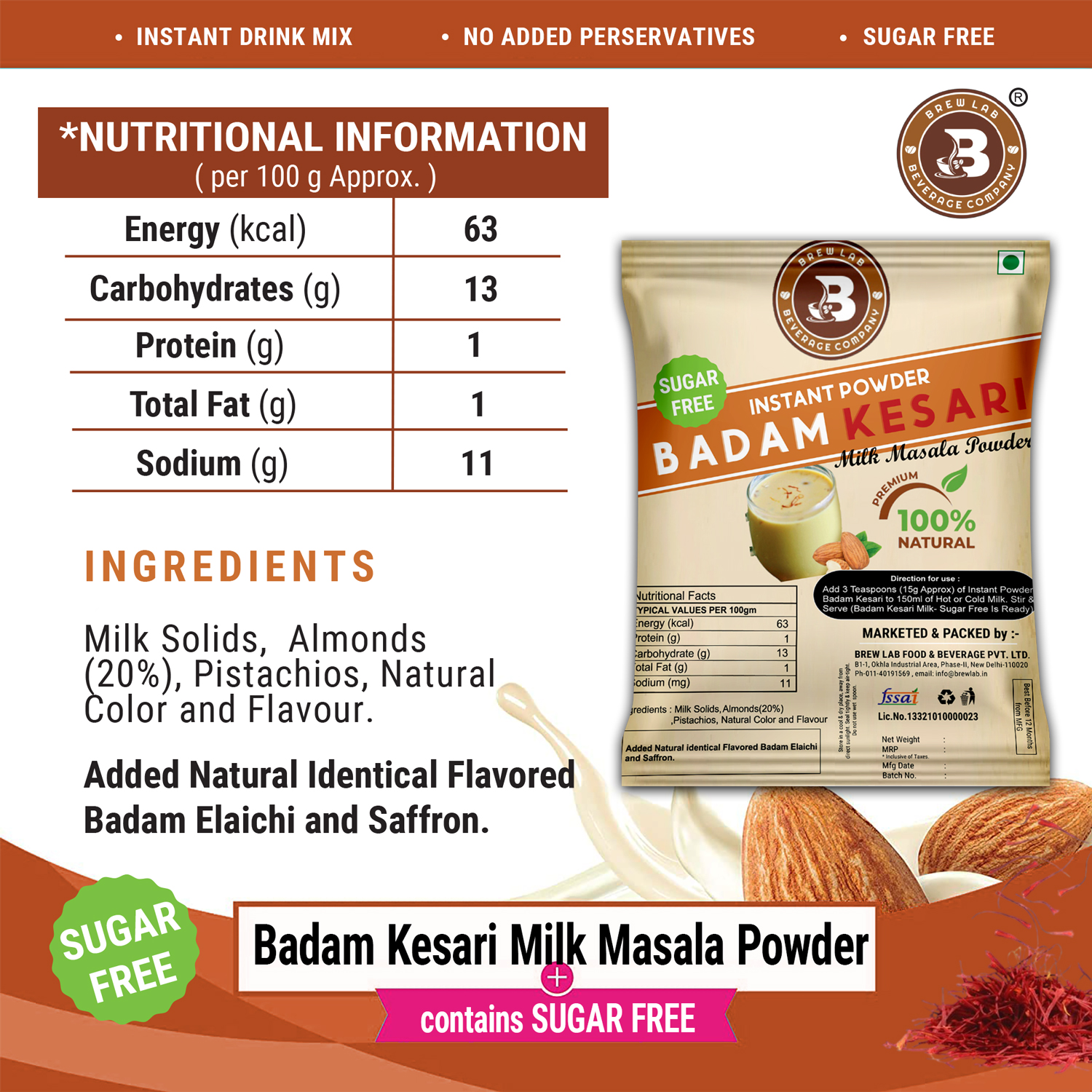 Brew Lab Badam Kesari No Sugar Milk Masala Powder | With Real Almonds & Kesar For Badam Milkshake Flavored Milk Powder (250 g)