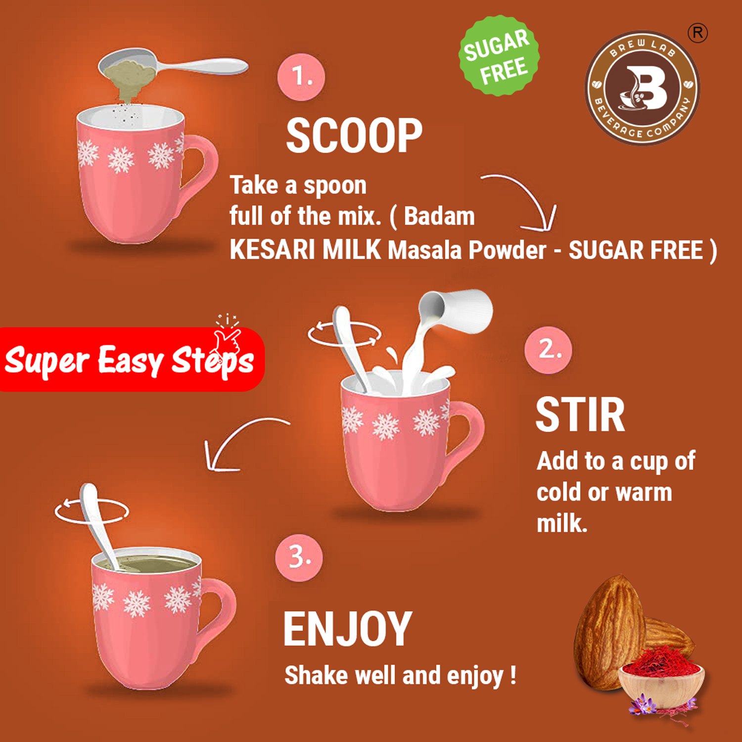 Brew Lab Badam Kesari No Sugar Milk Masala Powder | With Real Almonds & Kesar For Badam Milkshake Flavored Milk Powder (250 g)