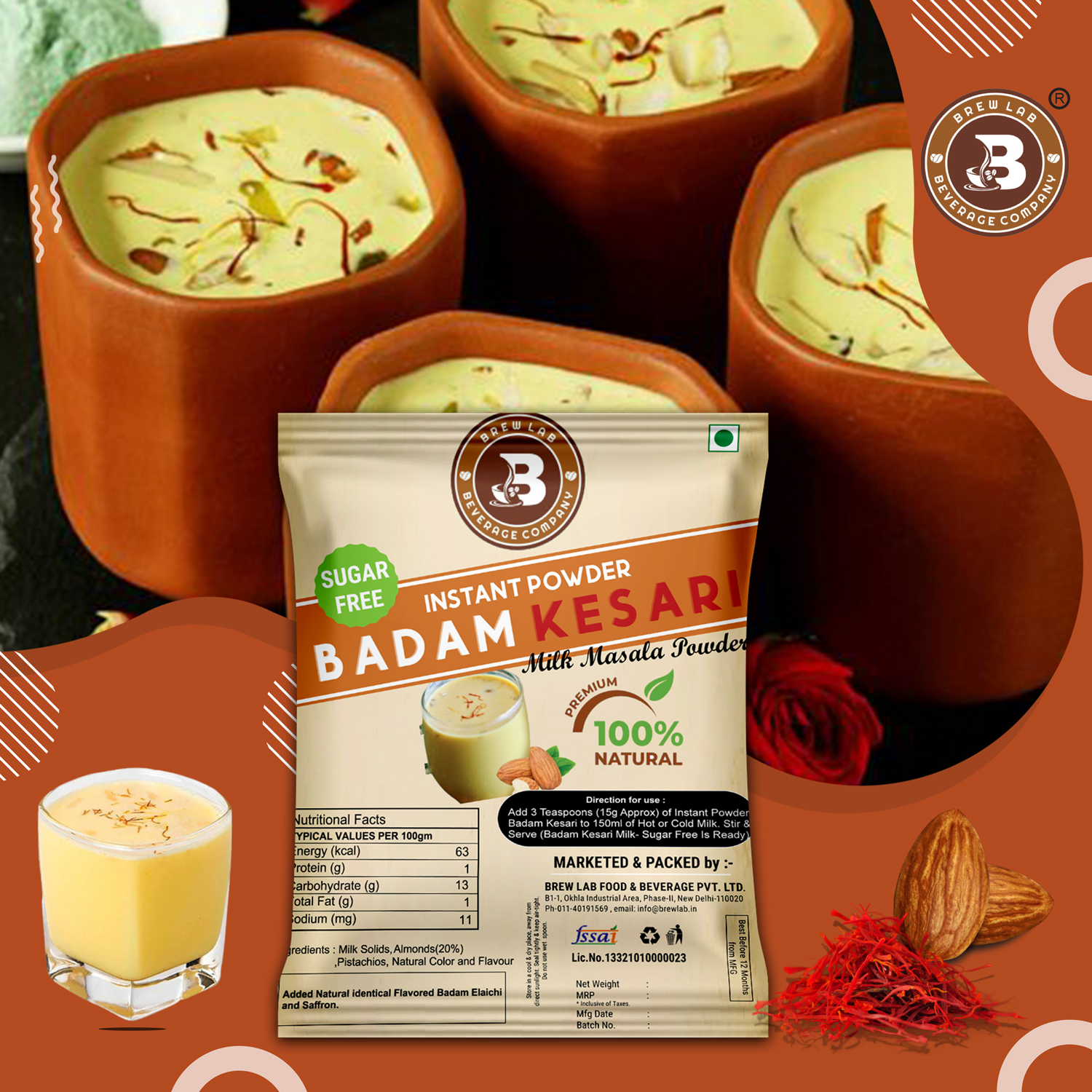 Brew Lab Badam Kesari No Sugar Milk Masala Powder | With Real Almonds & Kesar For Badam Milkshake Flavored Milk Powder (250 g)