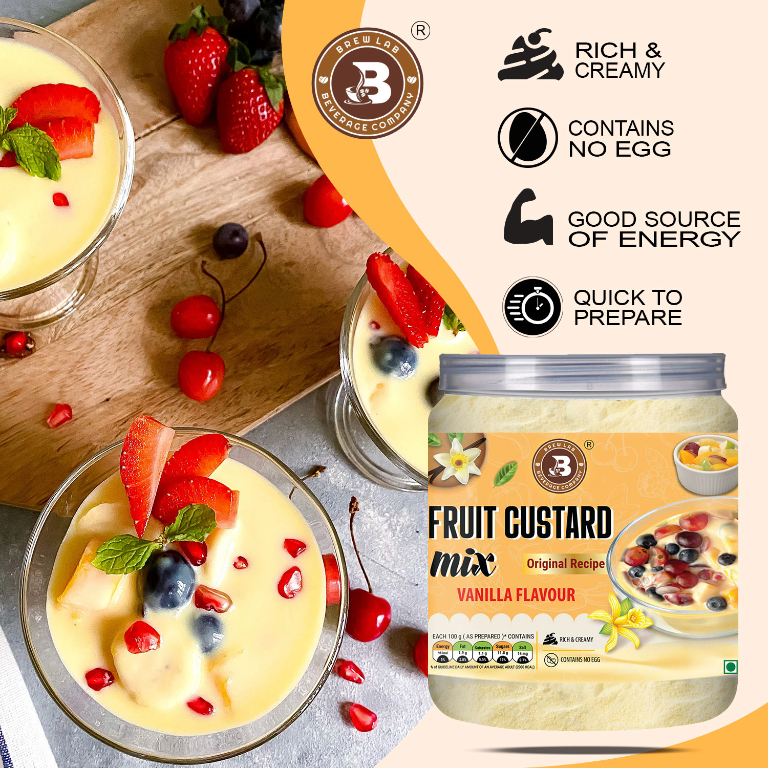Brew Lab Fruit Custard Mix Vanilla Flavor | Rich Creamy Flavor | Good Source of Energy | 100 g