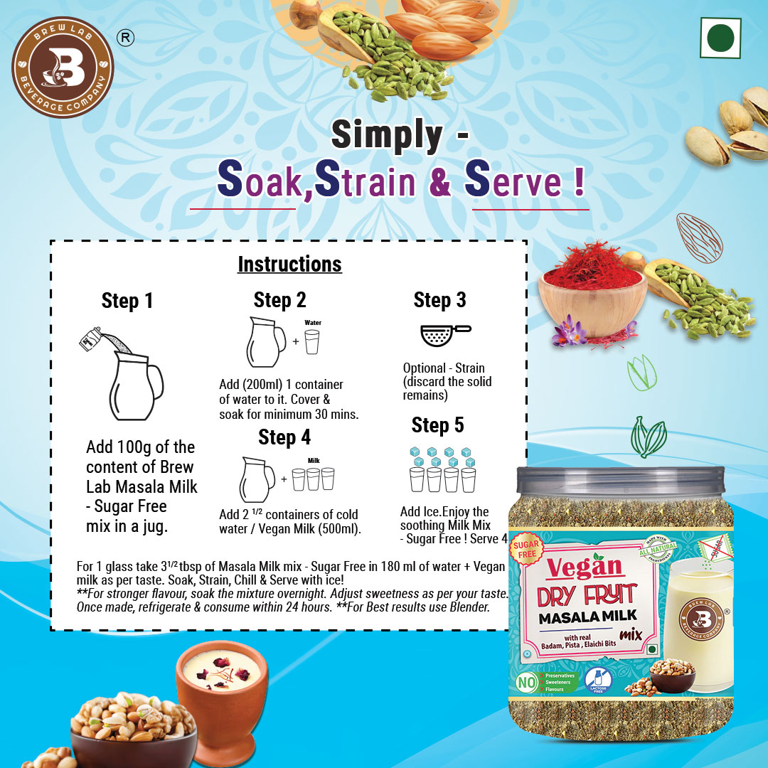 Brew Lab Sugar Free Vegan Dry Fruit Masala Milk | Plant Based & Lactose Free Milk Powder | (100 g)