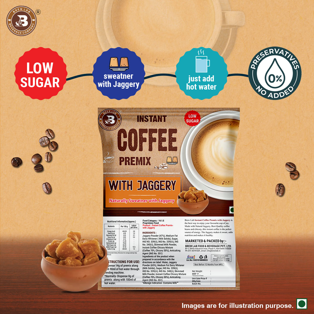 Brew Lab Instant Coffee Premix Low Sugar With Jaggery | Naturally Sweatner With Jaggery | Instant Coffee (100 g)