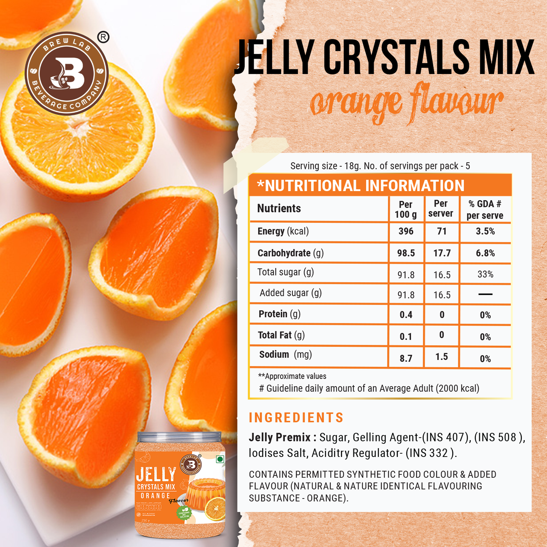 Brew Lab Jelly Crystals Mix Powder For Making Jelly - Orange Flavor | Easy To Make | Ready To Eat | No Gelatin - 100 Gm