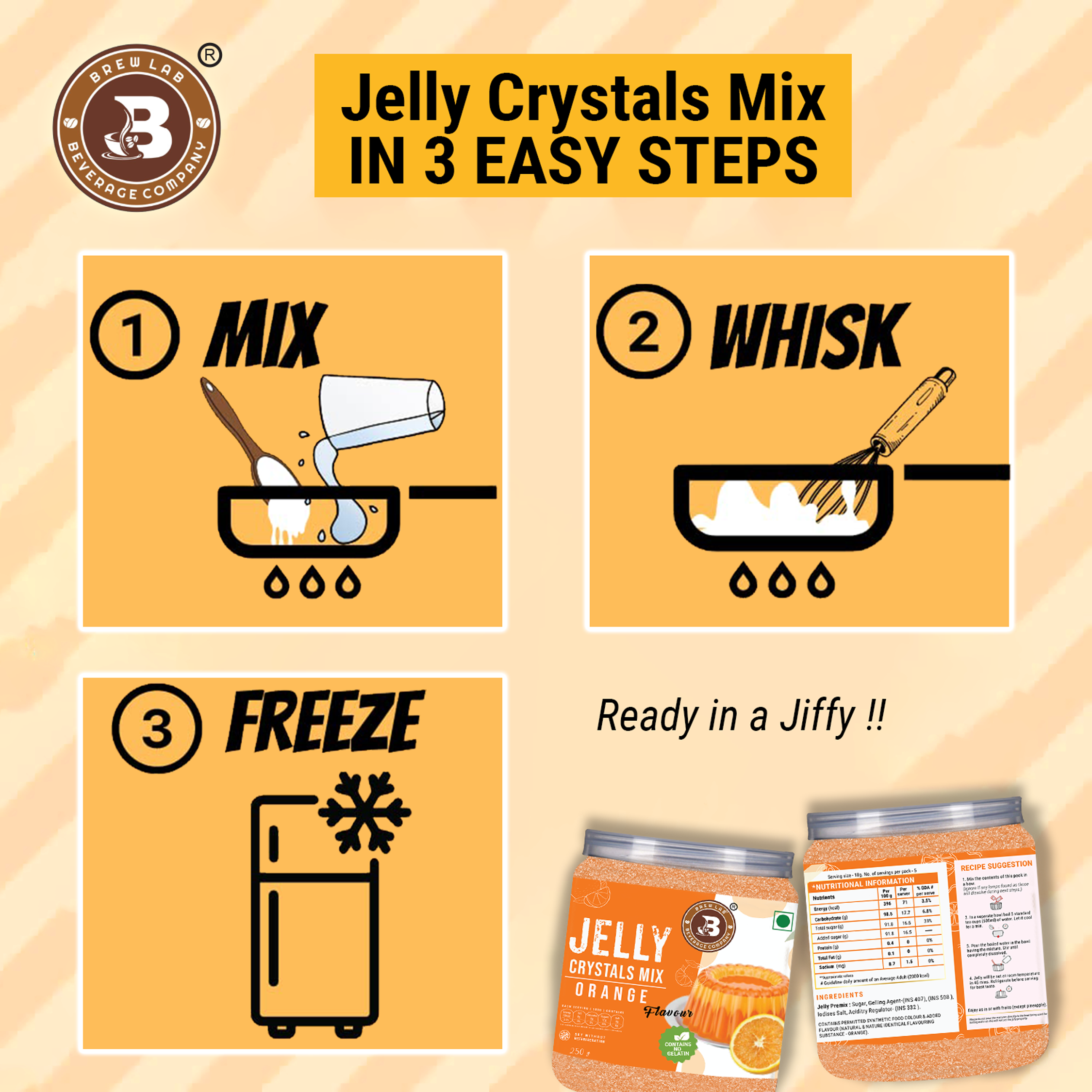 Brew Lab Jelly Crystals Mix Powder For Making Jelly - Orange Flavor | Easy To Make | Ready To Eat | No Gelatin - 100 Gm