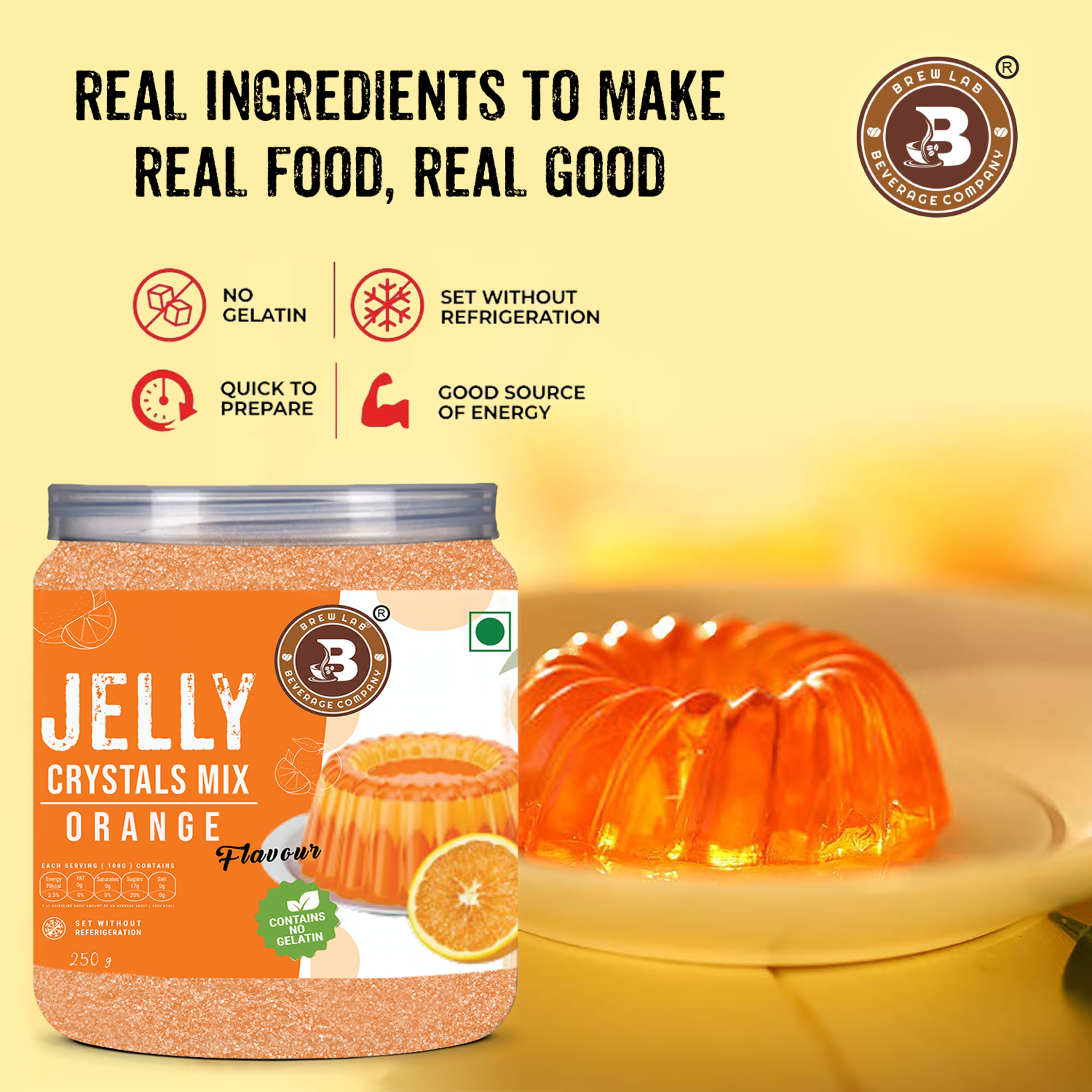 Brew Lab Jelly Crystals Mix Powder For Making Jelly - Orange Flavor | Easy To Make | Ready To Eat | No Gelatin - 100 Gm