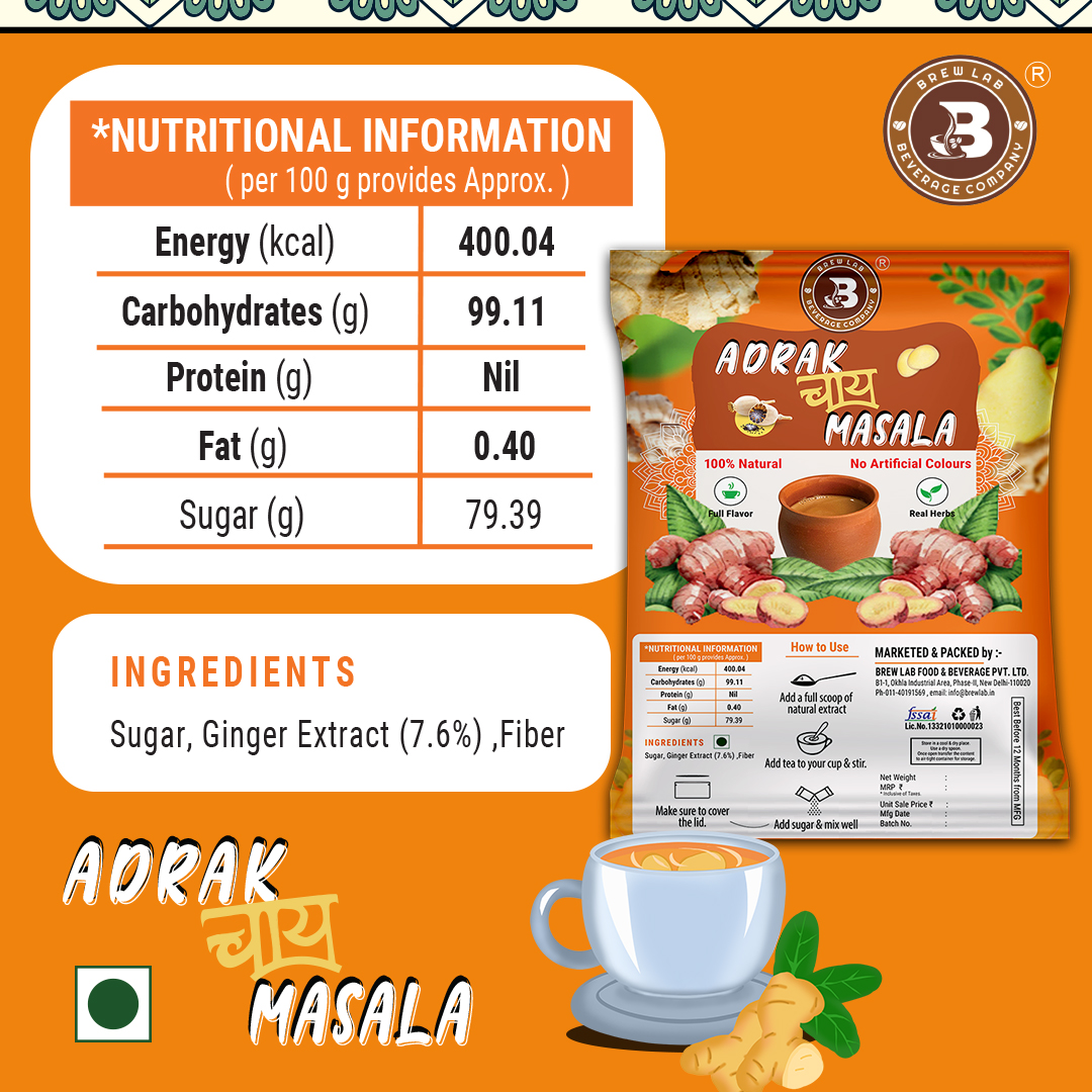 Brew Lab Pure & Natural Adrak Chai Masala Powder | No Added Flavor Ginger Masala Tea Plastic Bottle (100 g)