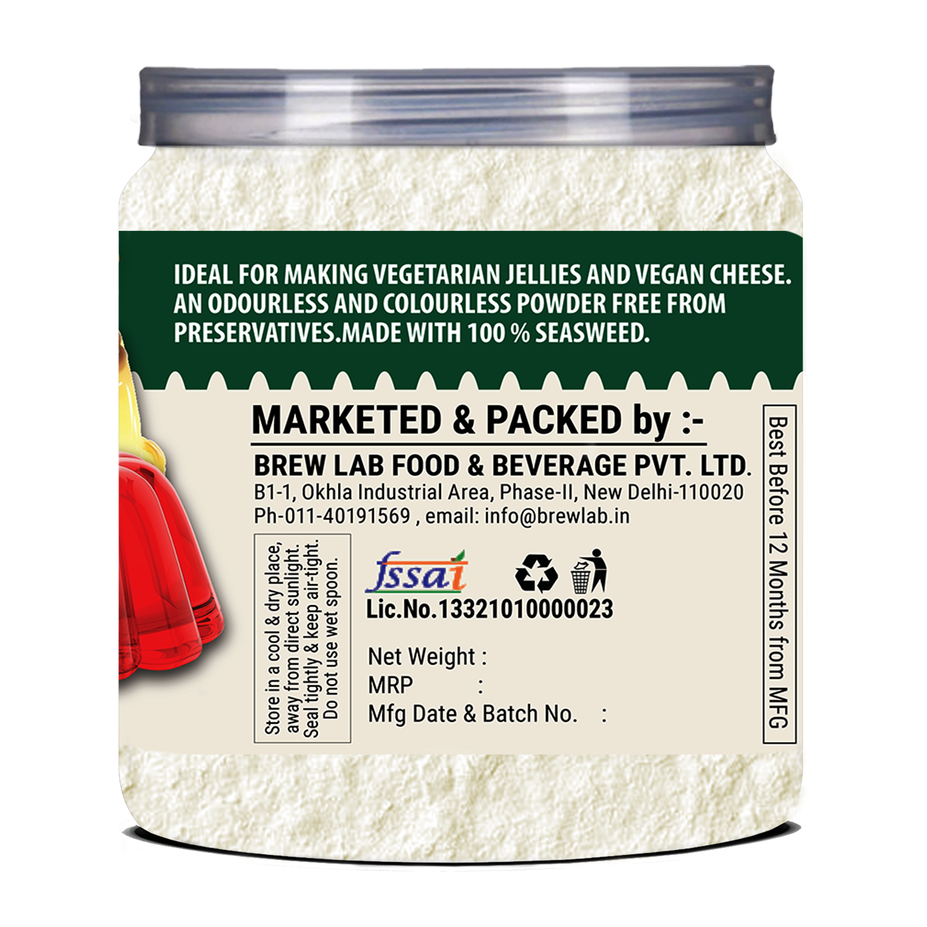 Brew Lab Agar Agar Powder | No Gelatin | Plant Based Product | 100% Vegetarian | Perfect For Desserts & Jelly making 100 g