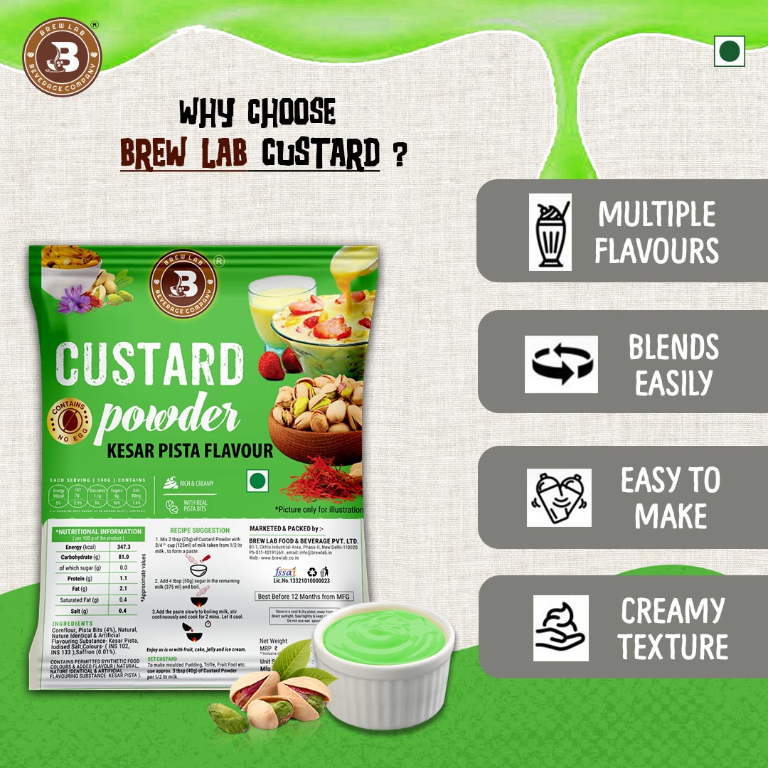 Brew Lab Kesar Pista Flavor Custard Powder | Rich, Creamy & Flavorful 100 g