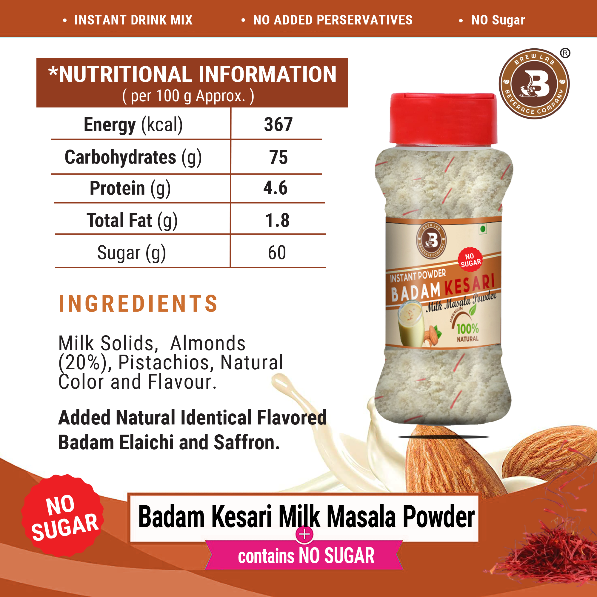 Brew Lab Badam Kesari No Sugar Milk Masala Powder | With Real Almonds & Kesar For Badam Milkshake Flavored Milk Powder (250 g)
