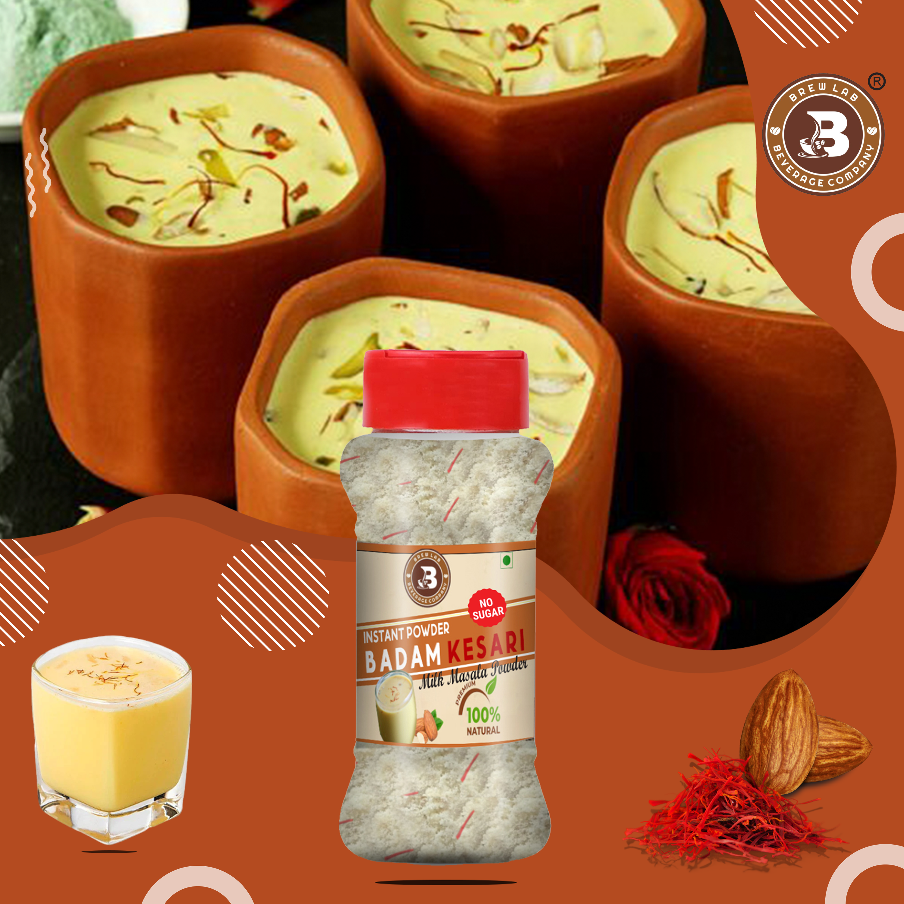 Brew Lab Badam Kesari No Sugar Milk Masala Powder | With Real Almonds & Kesar For Badam Milkshake Flavored Milk Powder (250 g)