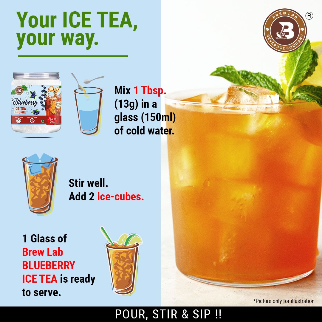 Brew Lab Blueberry Ice Tea Premix-100 gm | Instant Drink Mix Natural Blue Berry Flavor Easy To Use Blueberry Tea Plastic Bottle (100 g)