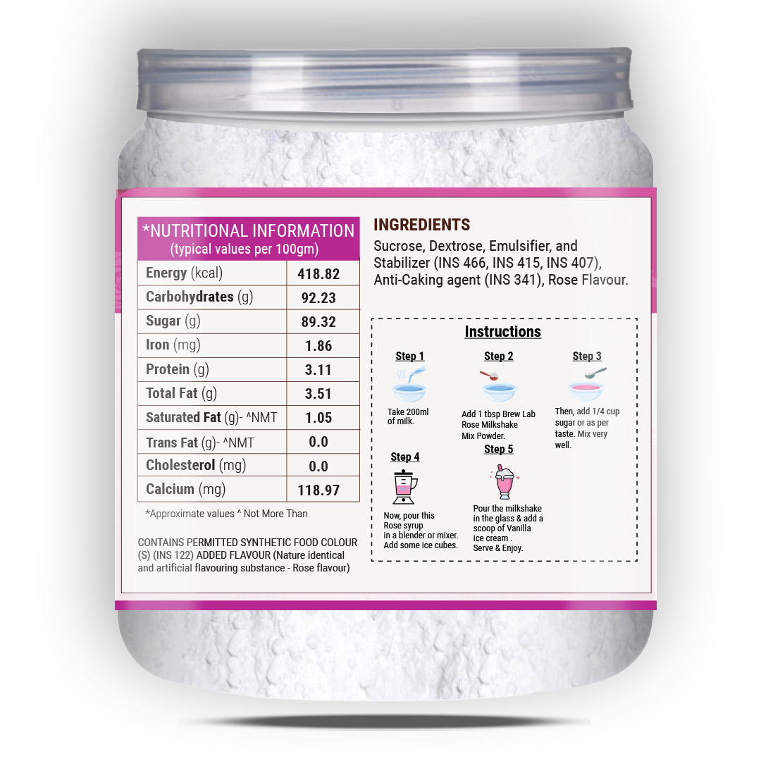 Brew Lab Milkshake Mix Powder Rose Flavor Refreshing & Nutritious Instant Drink Mix 100 g