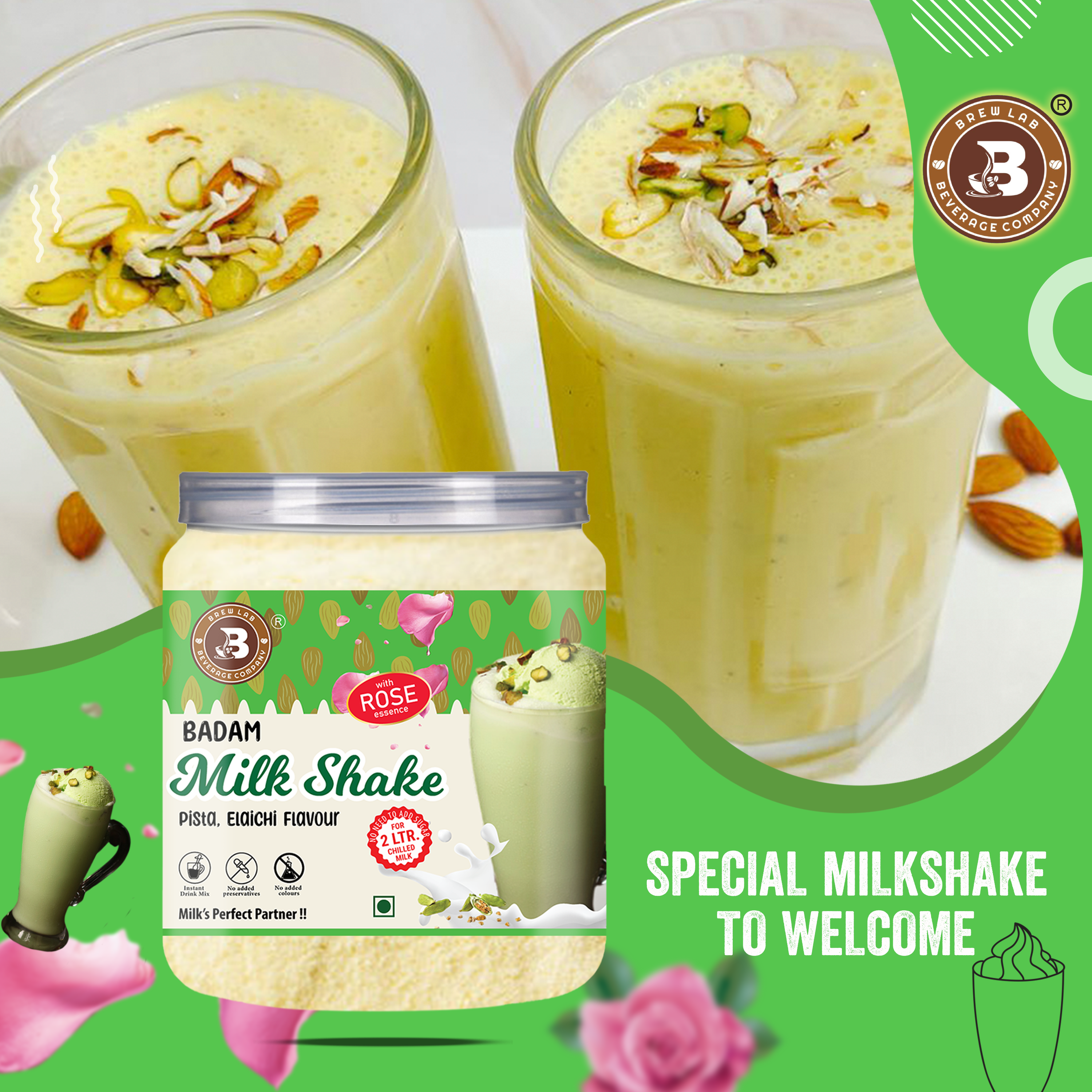 Brew Lab Badam Pista Elaichi Milkshake Powder | Milk Perfect Partner With Rose Essence | 100 g