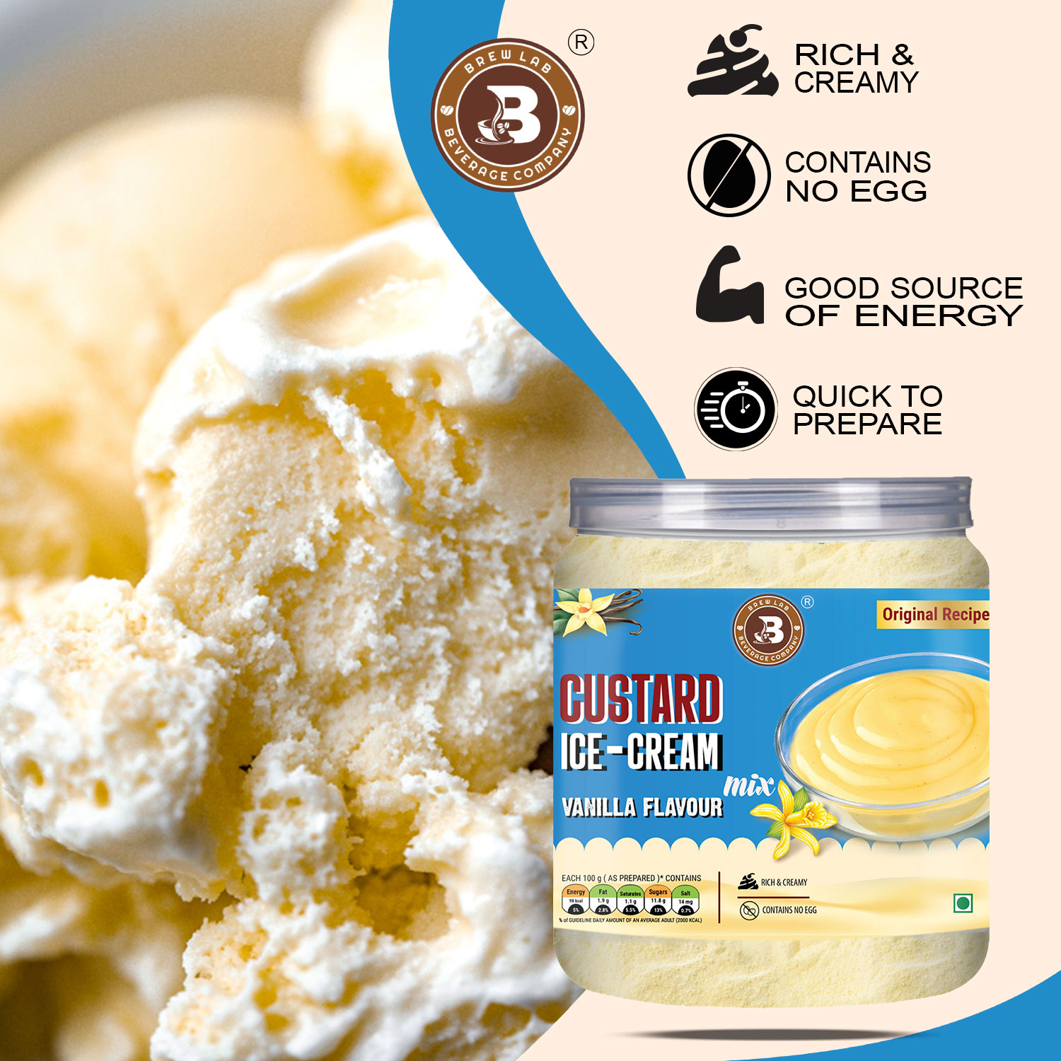 Brew Lab Custard Ice Cream Mix Vanilla | Tasty Vanilla Flavor | Quick To Prepare | 100 g