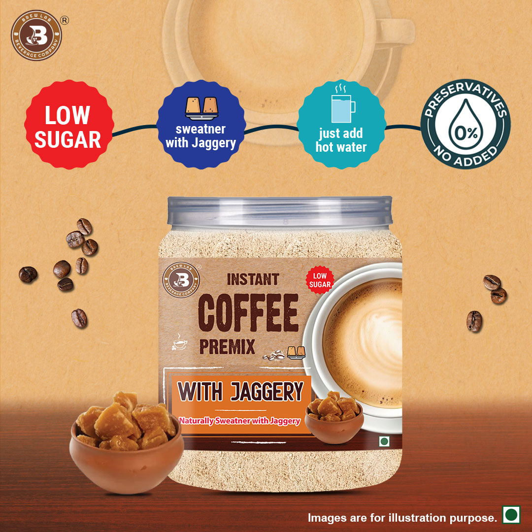 Brew Lab Instant Coffee Premix Low Sugar With Jaggery | Naturally Sweatner With Jaggery | Instant Coffee (100 g)