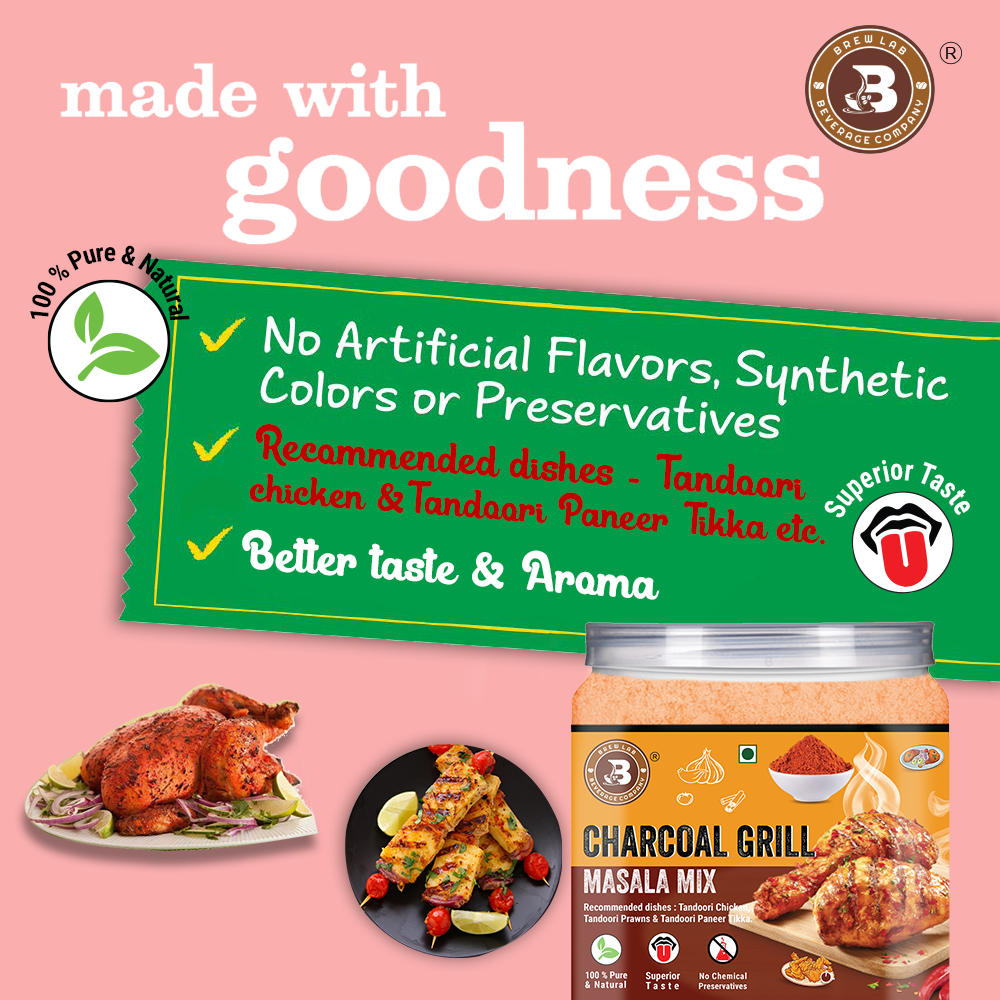 Brew Lab Pure & Natural Charcoal Grill Masala Mix | Smoky Taste | No added colors (100 g)
