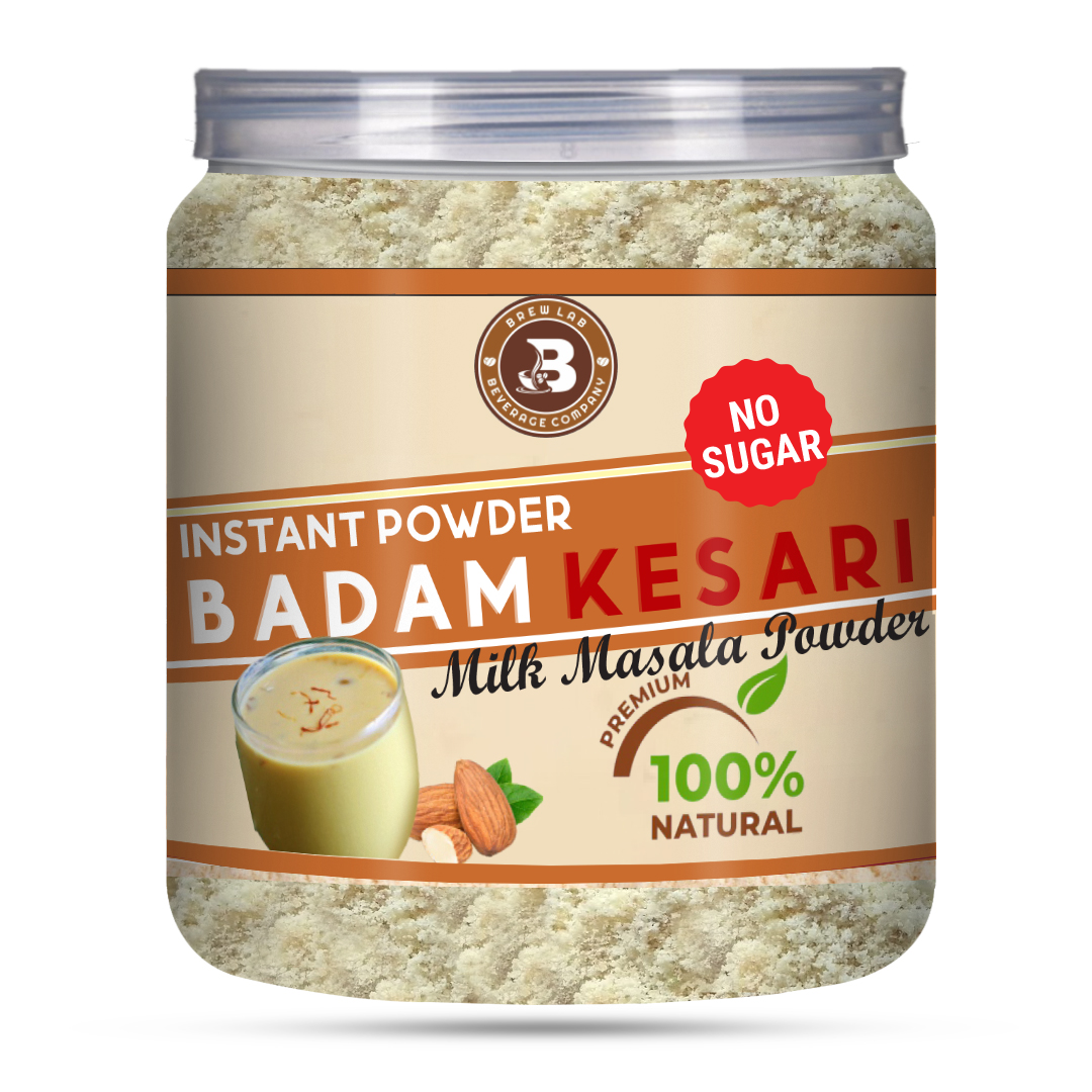Brew Lab Badam Kesari No Sugar Milk Masala Powder | With Real Almonds & Kesar For Badam Milkshake Flavored Milk Powder (250 g)