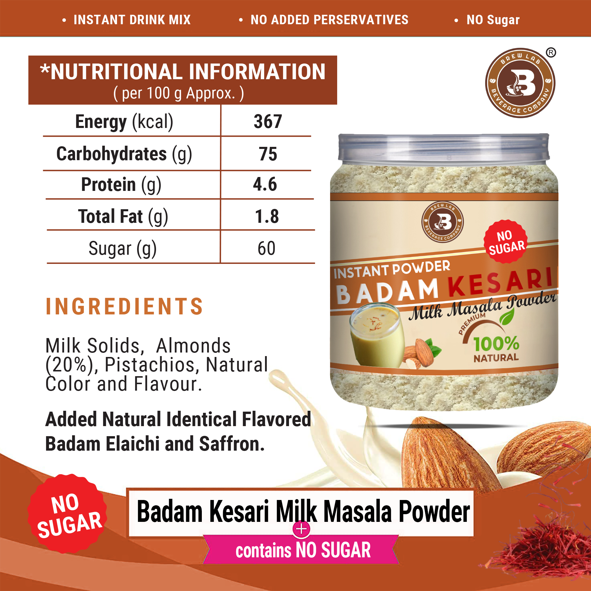 Brew Lab Badam Kesari No Sugar Milk Masala Powder | With Real Almonds & Kesar For Badam Milkshake Flavored Milk Powder (250 g)