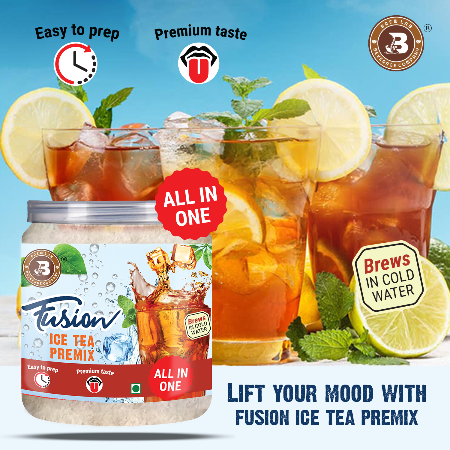 Brew Lab All In One Premium Taste Fusion Ice Tea Premix | Boost Your Antioxidants Iced Tea Plastic Bottle (100 g)