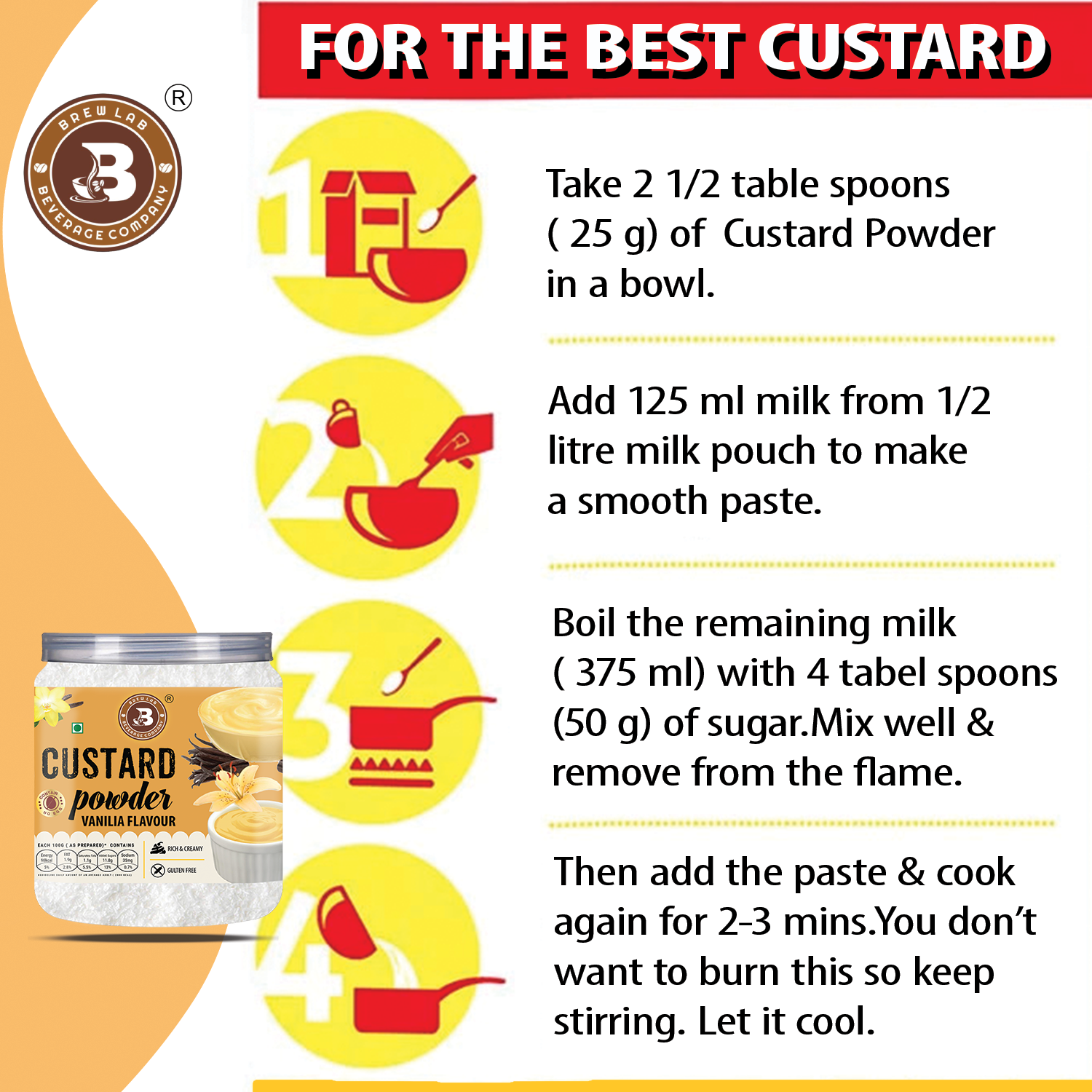 Brew Lab Vanilla Flavor Custard Powder | For Fruit Salad, Pudding, Milkshake & Desserts - 100 g