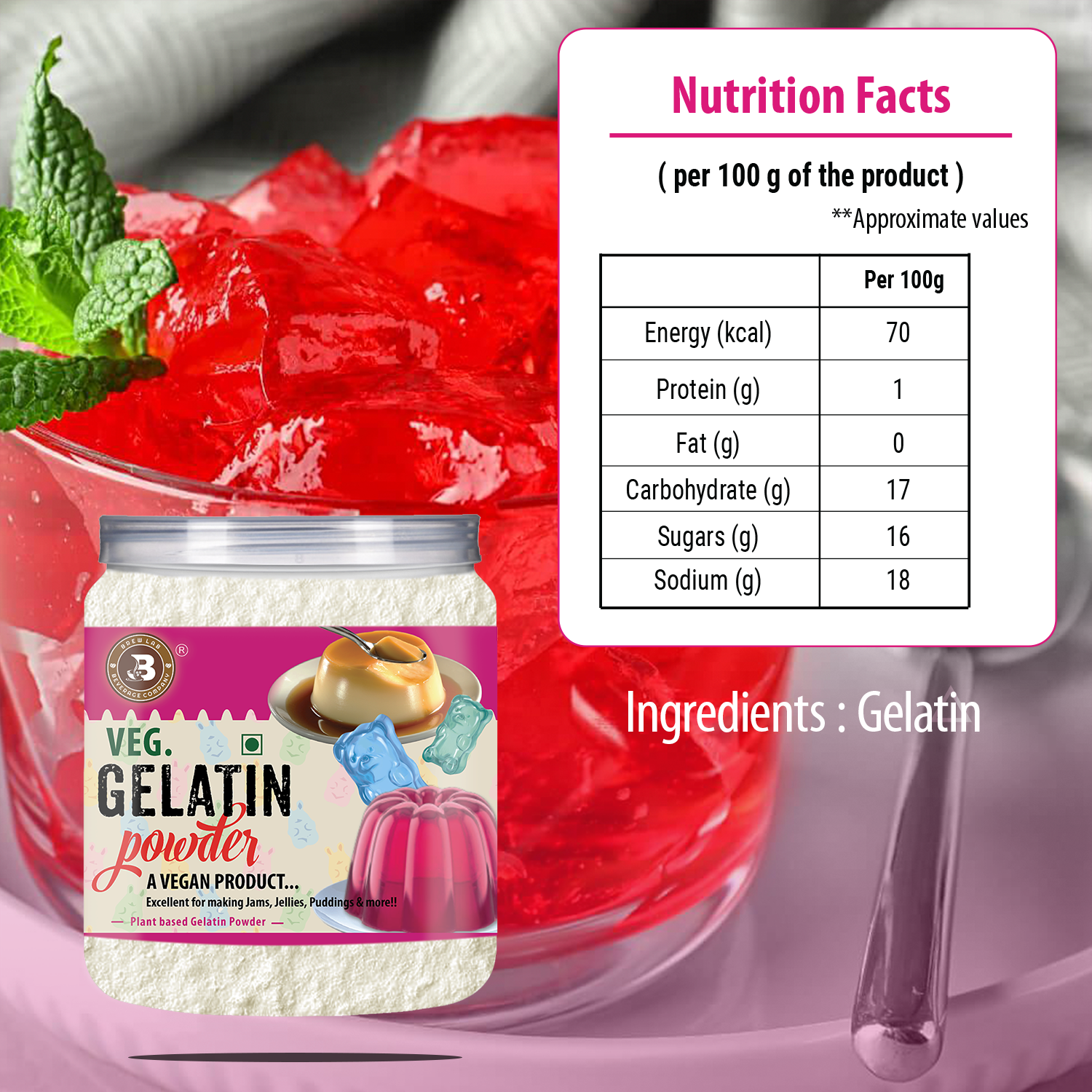 Brew Lab Veg Gelatin Powder | A Vegan Product | Perfect for Making Jelly Gelatin Powder(100GM)
