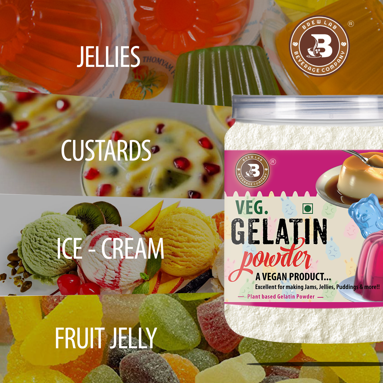 Brew Lab Veg Gelatin Powder | A Vegan Product | Perfect for Making Jelly Gelatin Powder(100GM)