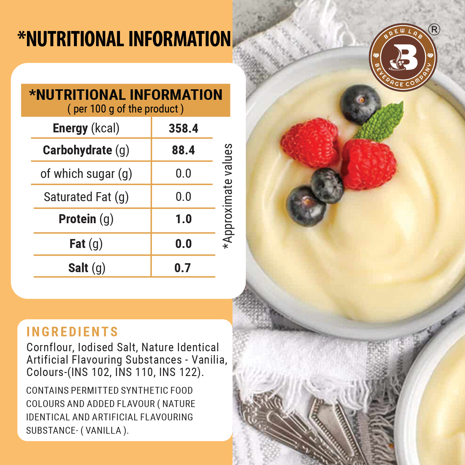 Brew Lab Vanilla Flavor Custard Powder | For Fruit Salad, Pudding, Milkshake & Desserts - 100 g