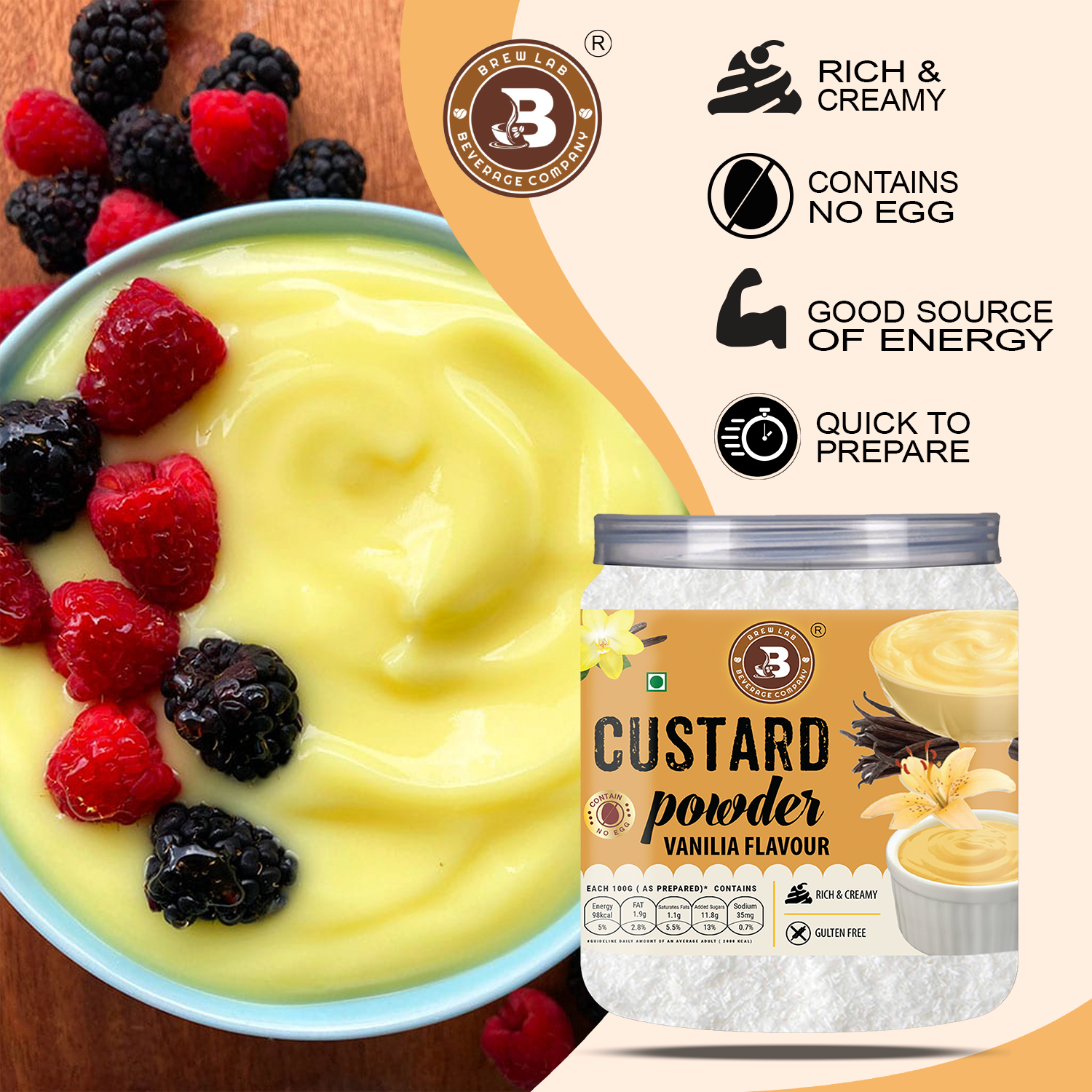 Brew Lab Vanilla Flavor Custard Powder | For Fruit Salad, Pudding, Milkshake & Desserts - 100 g
