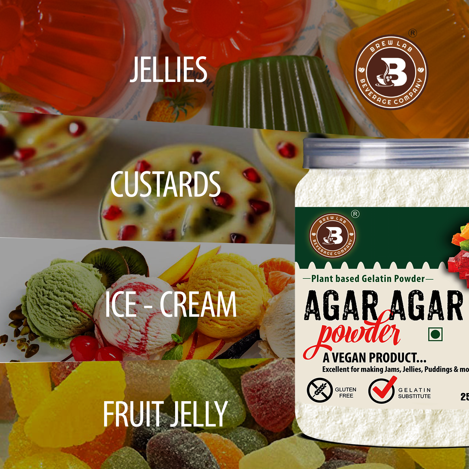Brew Lab Agar Agar Powder | No Gelatin | Plant Based Product | 100% Vegetarian | Perfect For Desserts & Jelly making 100 g