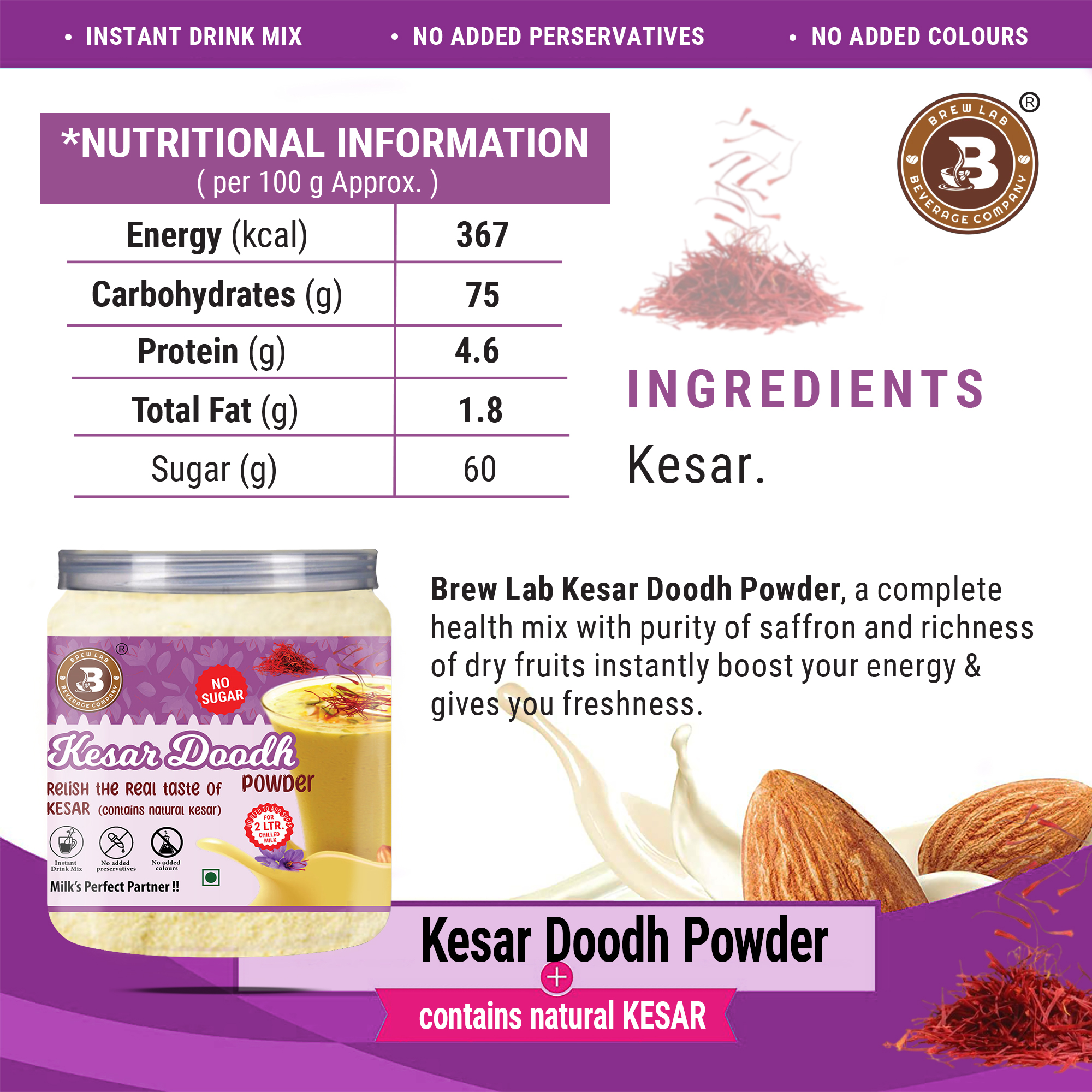 Brew Lab Flavorful Kesar Doodh No Sugar Powder | Real Taste of Kesar |Instant Drink Mix | (100 g)