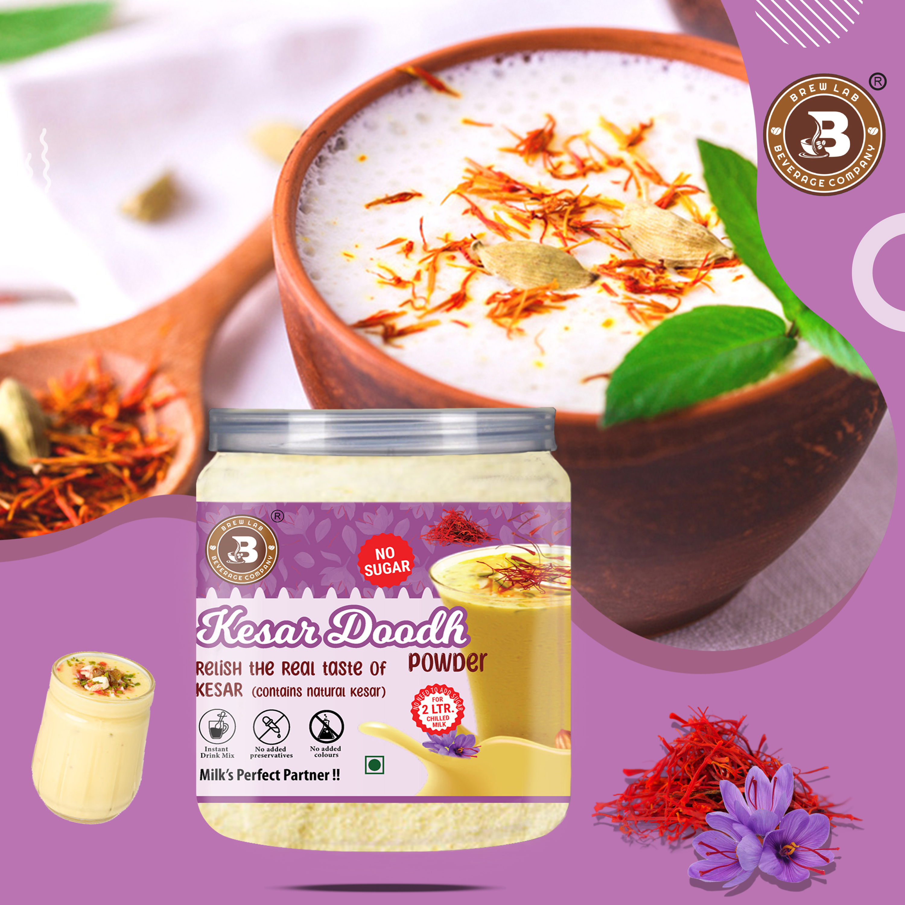 Brew Lab Flavorful Kesar Doodh No Sugar Powder | Real Taste of Kesar |Instant Drink Mix | (100 g)