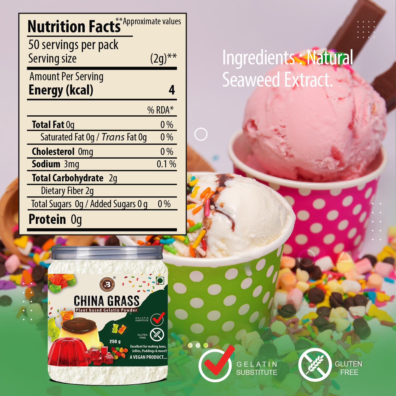 Brew Lab China Grass Vegan Gelatin Alternative | Plant-Based | Perfect for Making Jelly China Grass Powder(100gm)