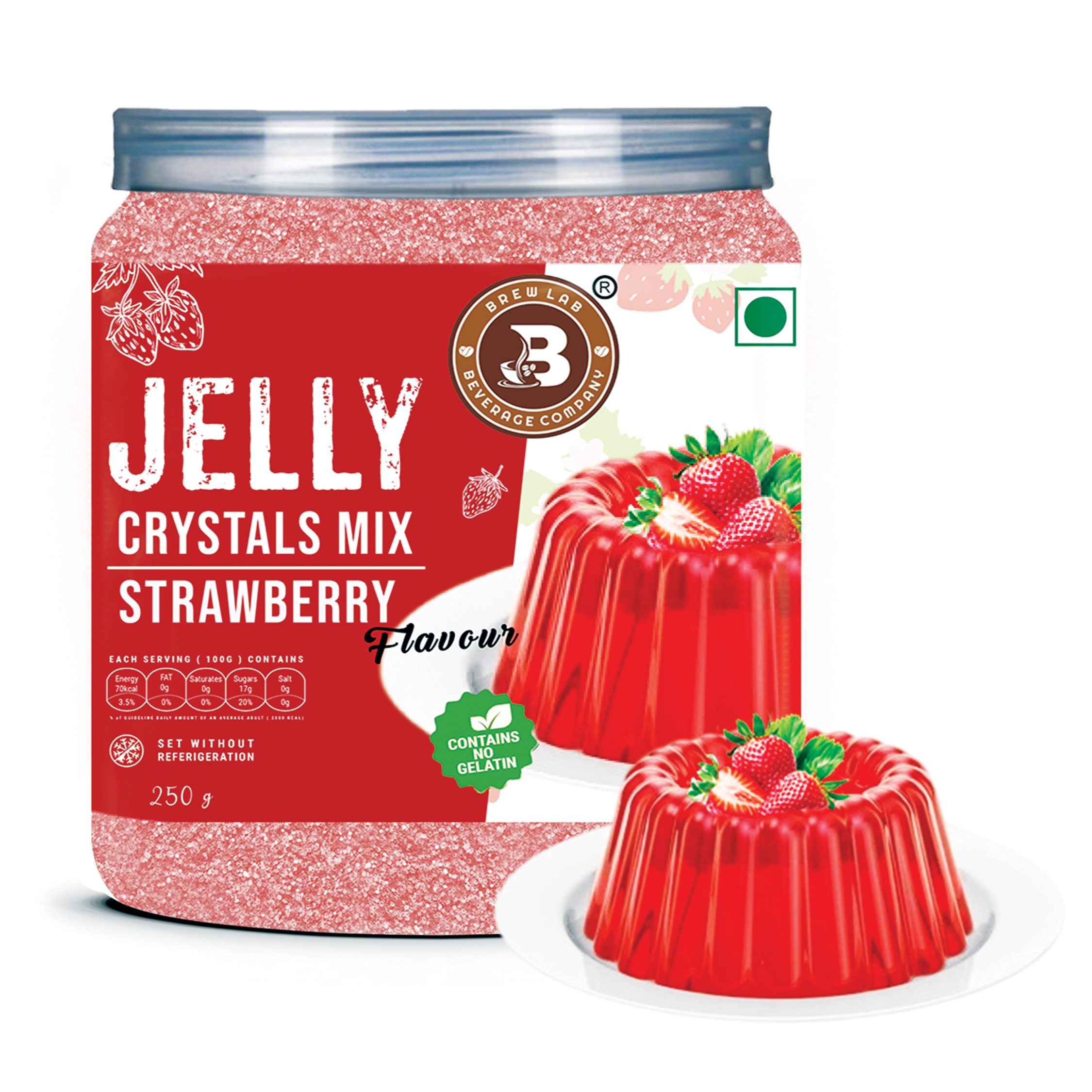 Brew Lab Jelly Crystals Mix Powder For Making Jelly - Strawberry Flavor | Easy To Make | Ready To Eat | No Gelatin - 100 Gm