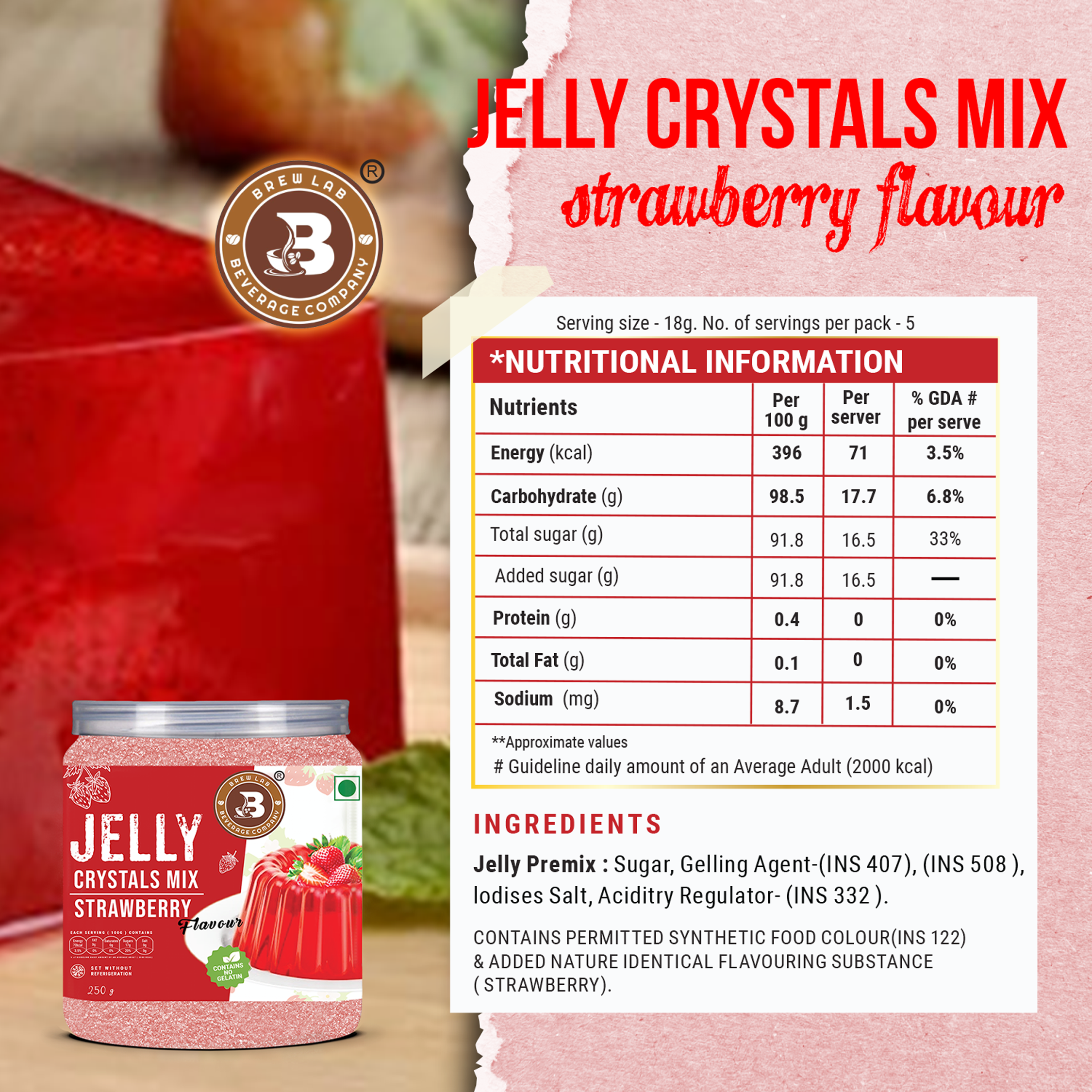 Brew Lab Jelly Crystals Mix Powder For Making Jelly - Strawberry Flavor | Easy To Make | Ready To Eat | No Gelatin - 100 Gm