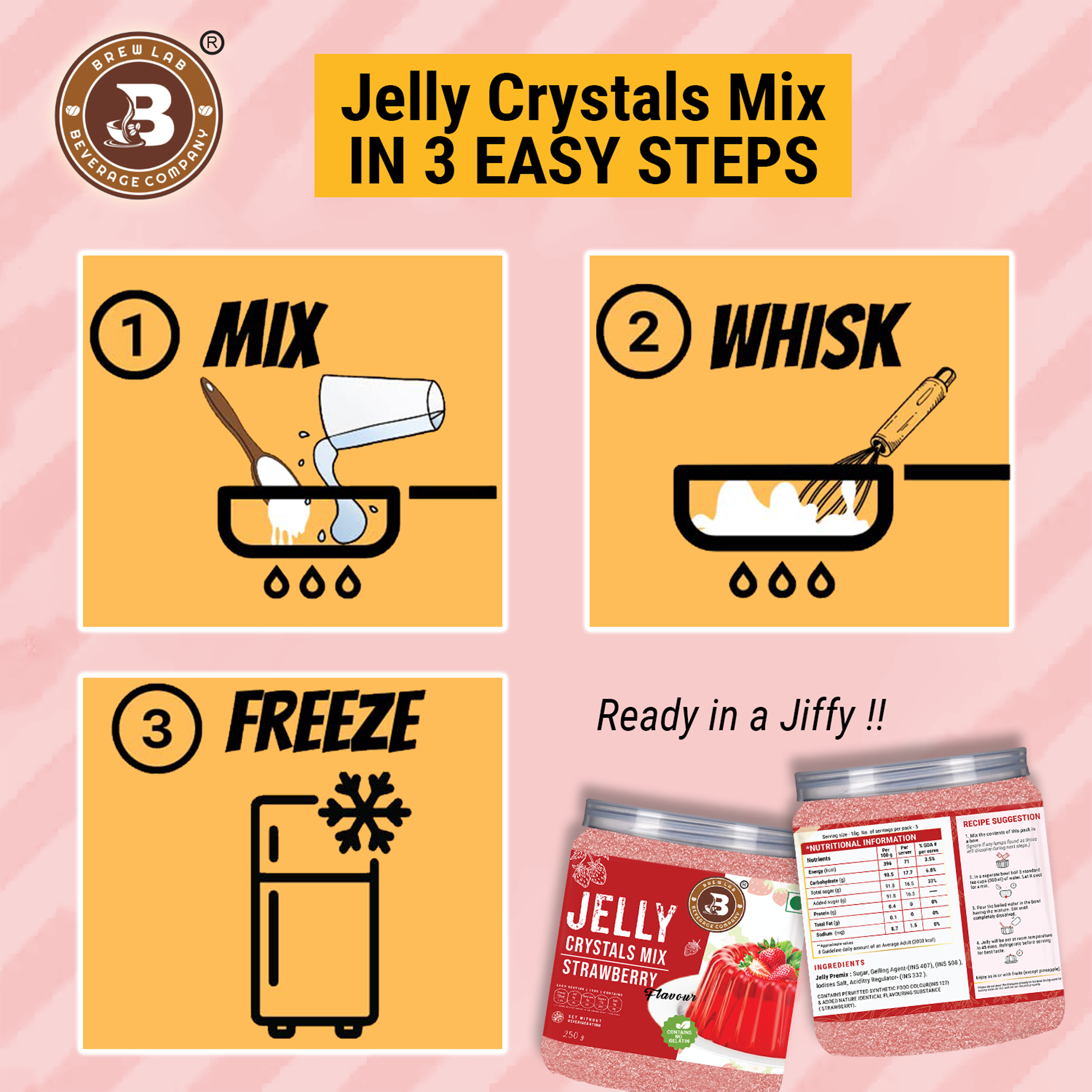 Brew Lab Jelly Crystals Mix Powder For Making Jelly - Strawberry Flavor | Easy To Make | Ready To Eat | No Gelatin - 100 Gm