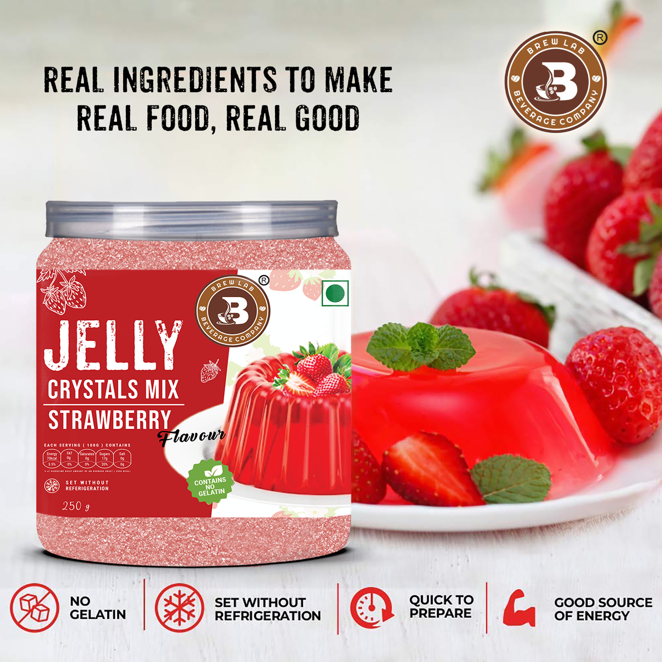 Brew Lab Jelly Crystals Mix Powder For Making Jelly - Strawberry Flavor | Easy To Make | Ready To Eat | No Gelatin - 100 Gm
